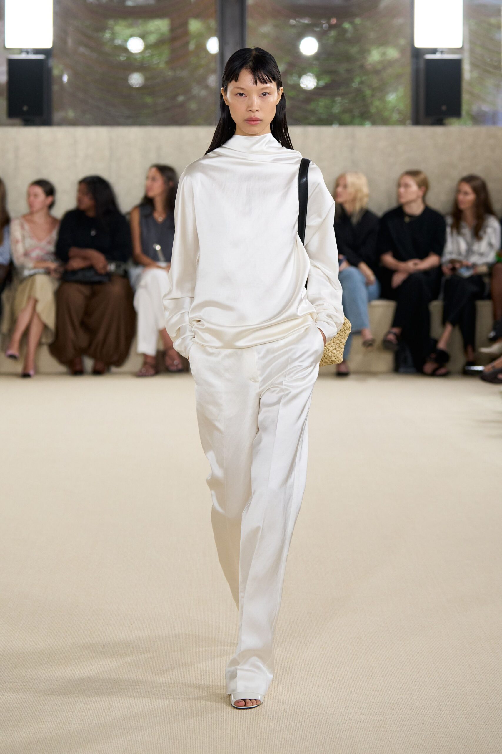 white silk top and pants