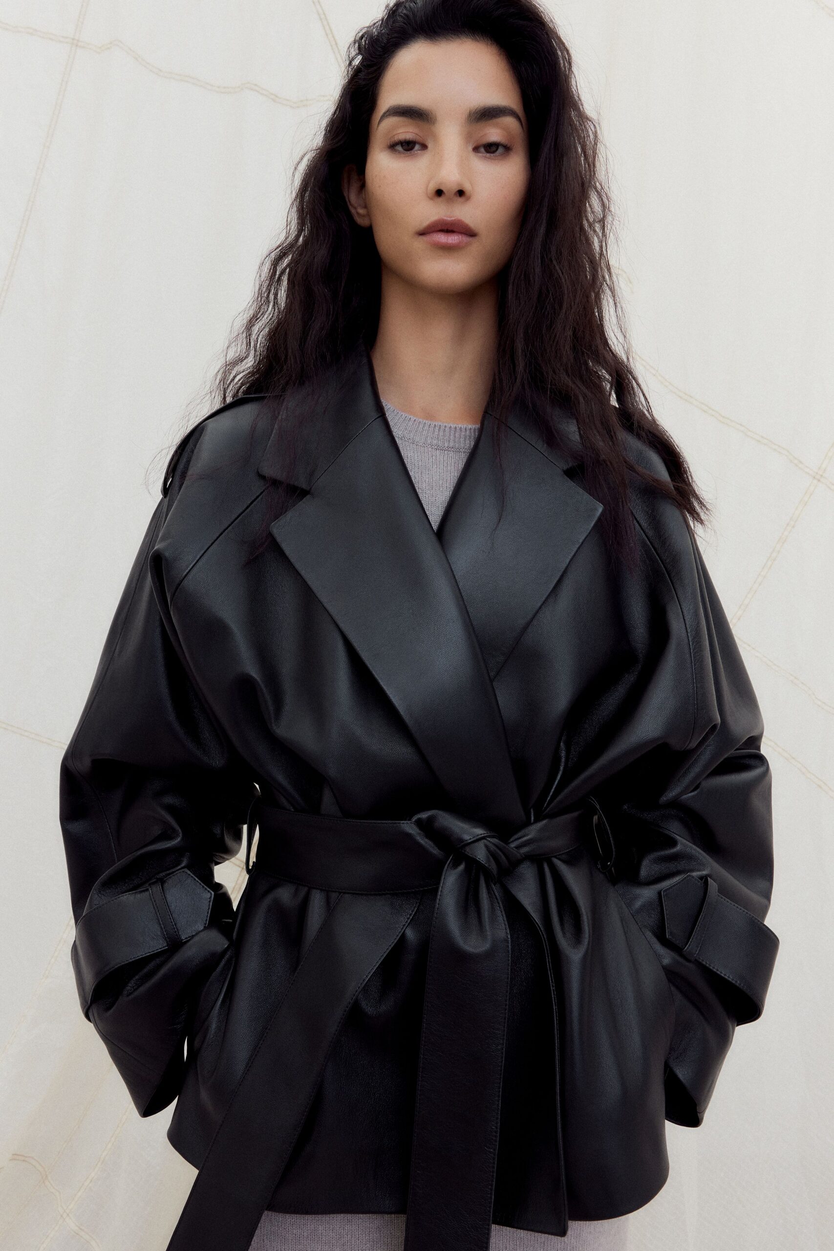 black leather long-sleeve collared oversized belted jacket