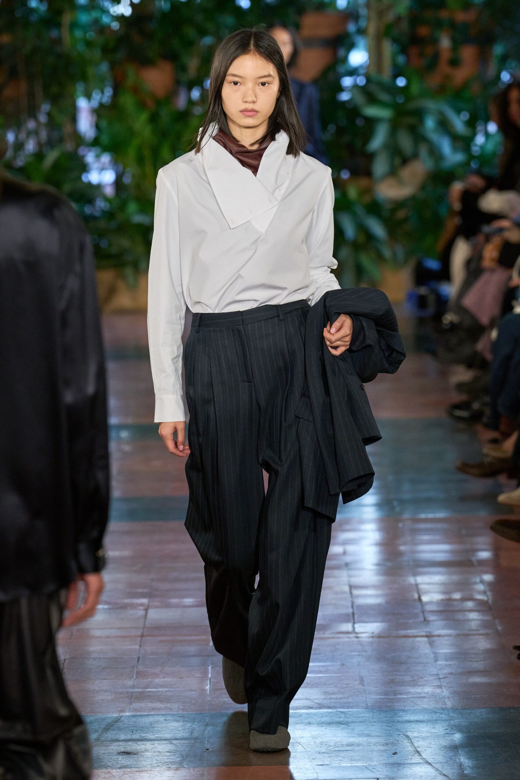 black wool tailored high-waisted pleated straight-leg pants