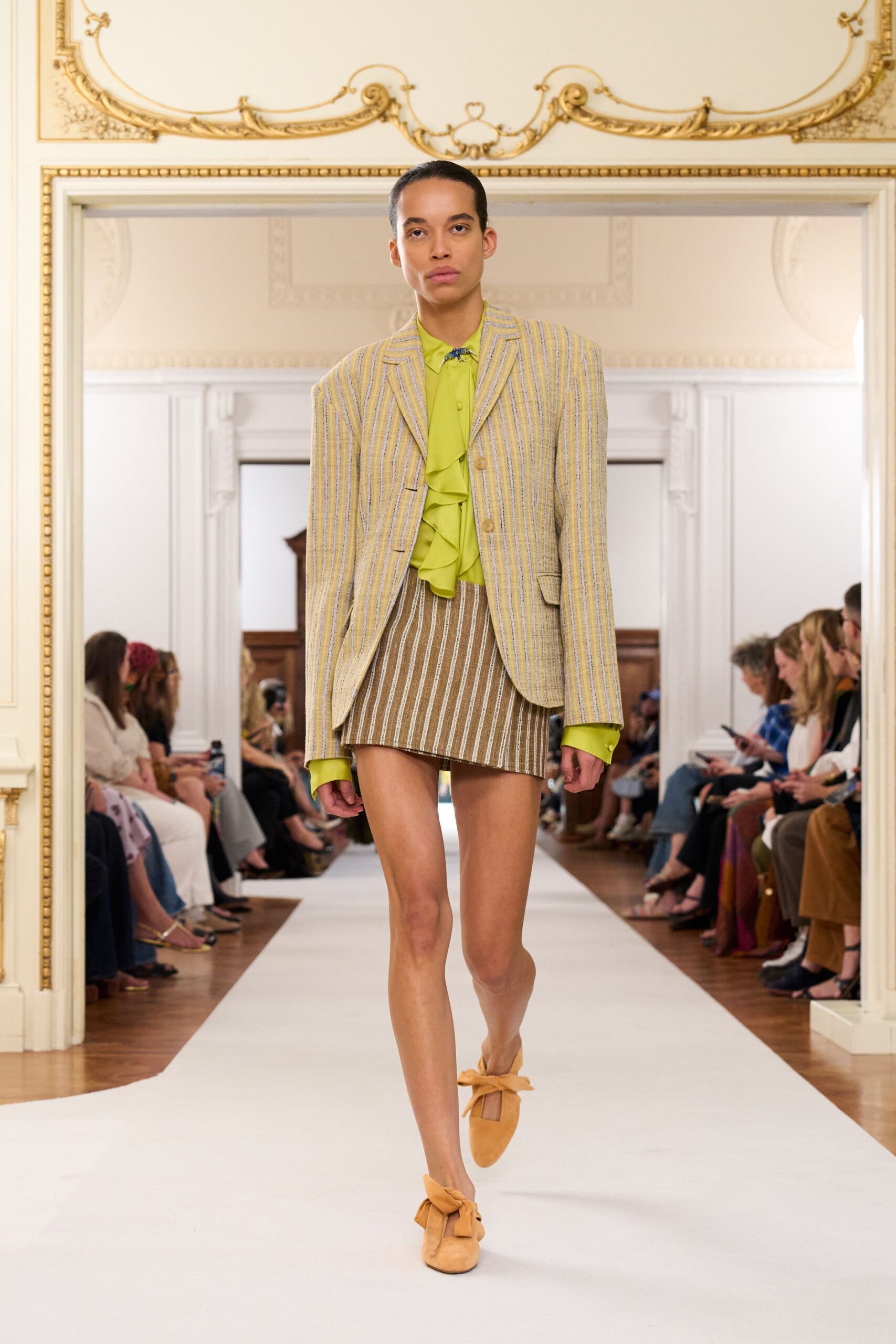 yellow cotton long-sleeve collared structured striped blazer