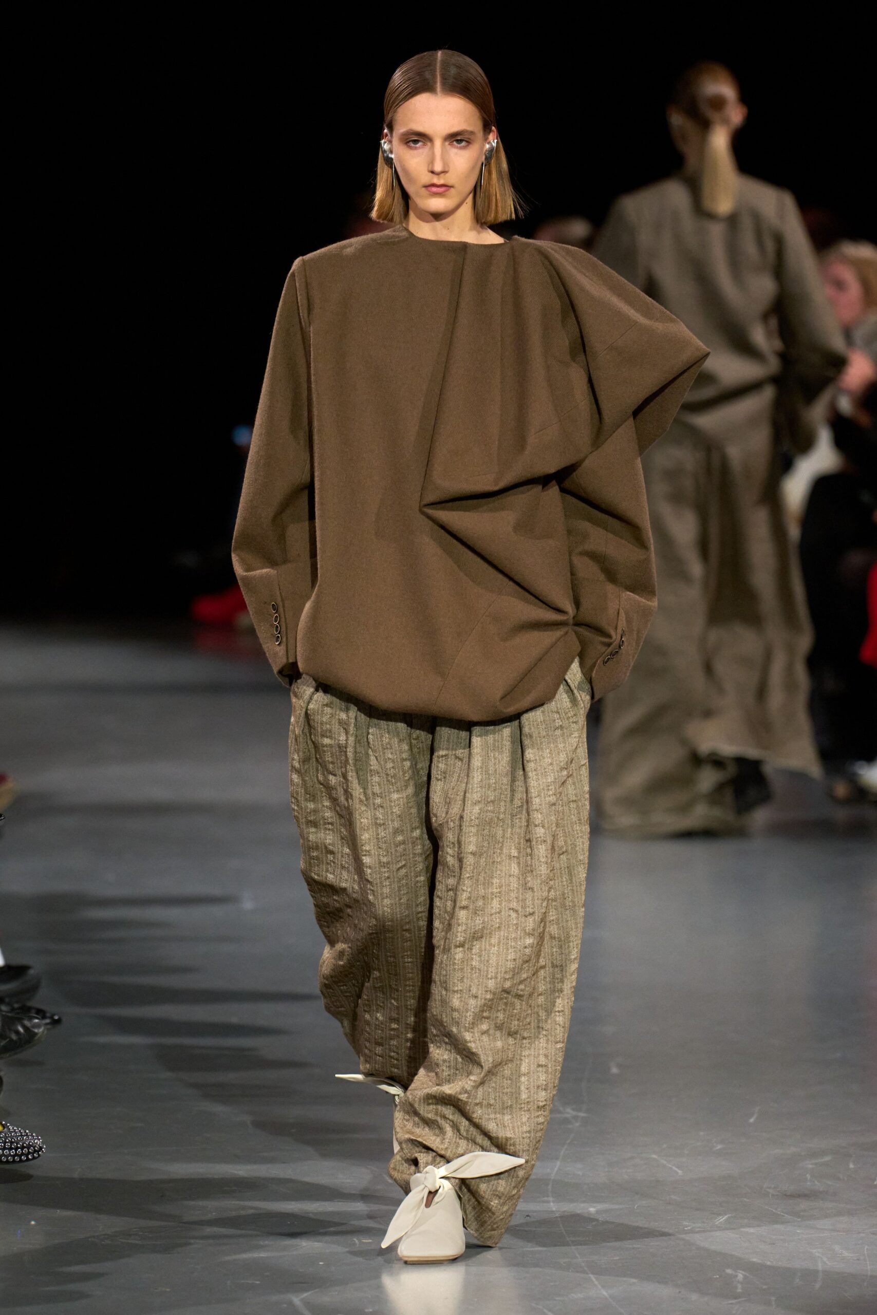 brown cotton long-sleeve oversized draped top