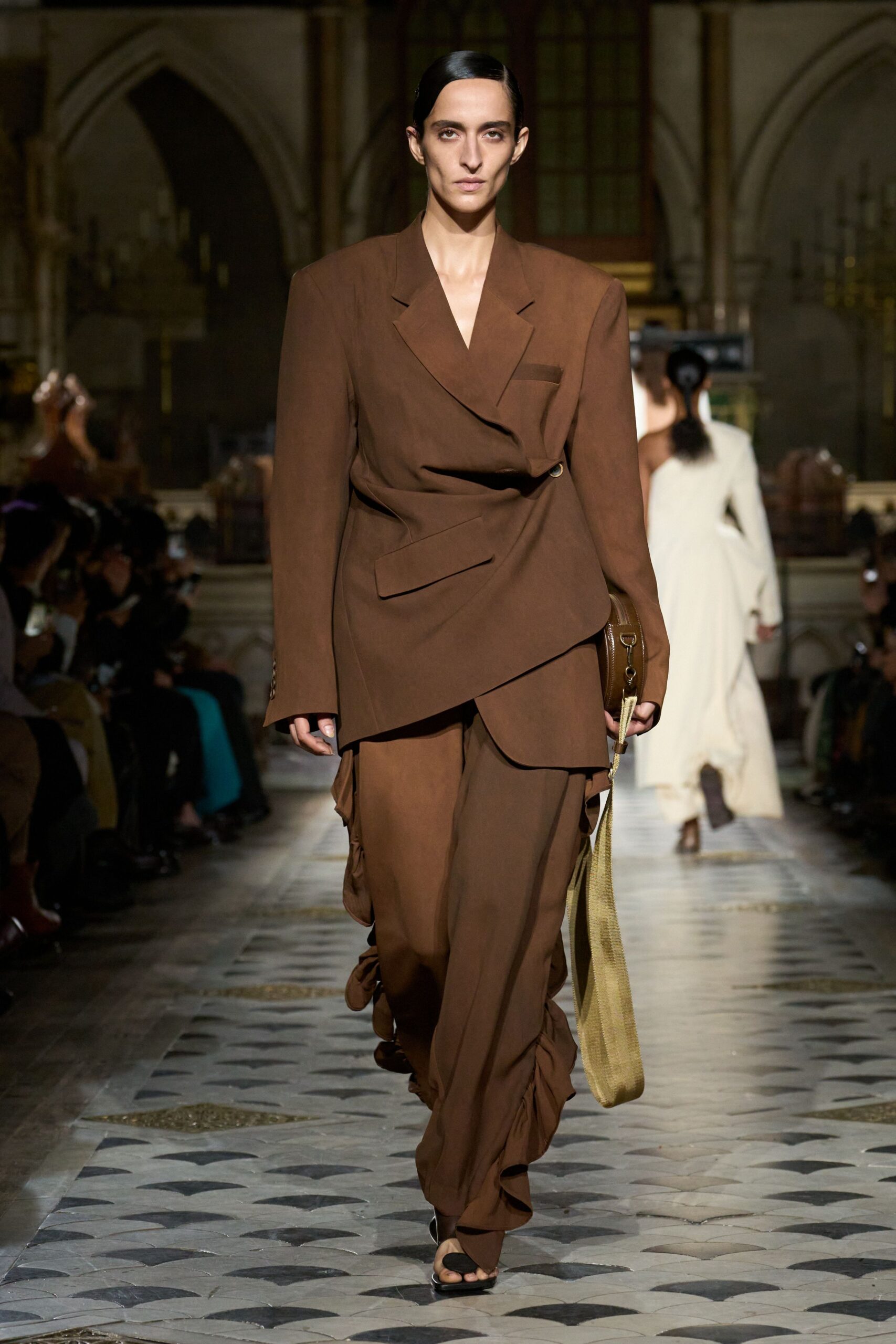 brown cotton long-sleeve collared relaxed layered zippered suit