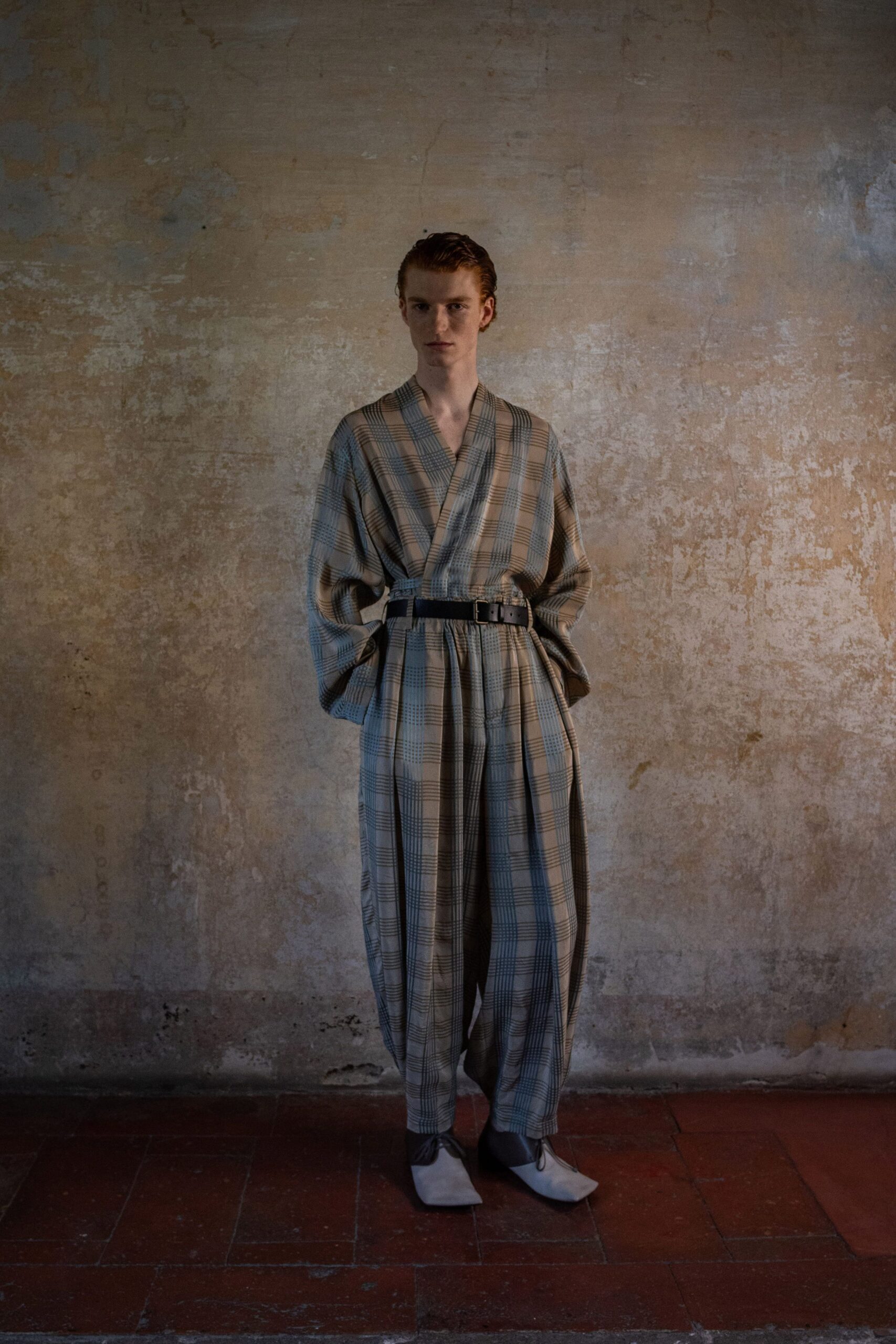 beige cotton long-sleeve v-neck relaxed checked belted jumpsuit