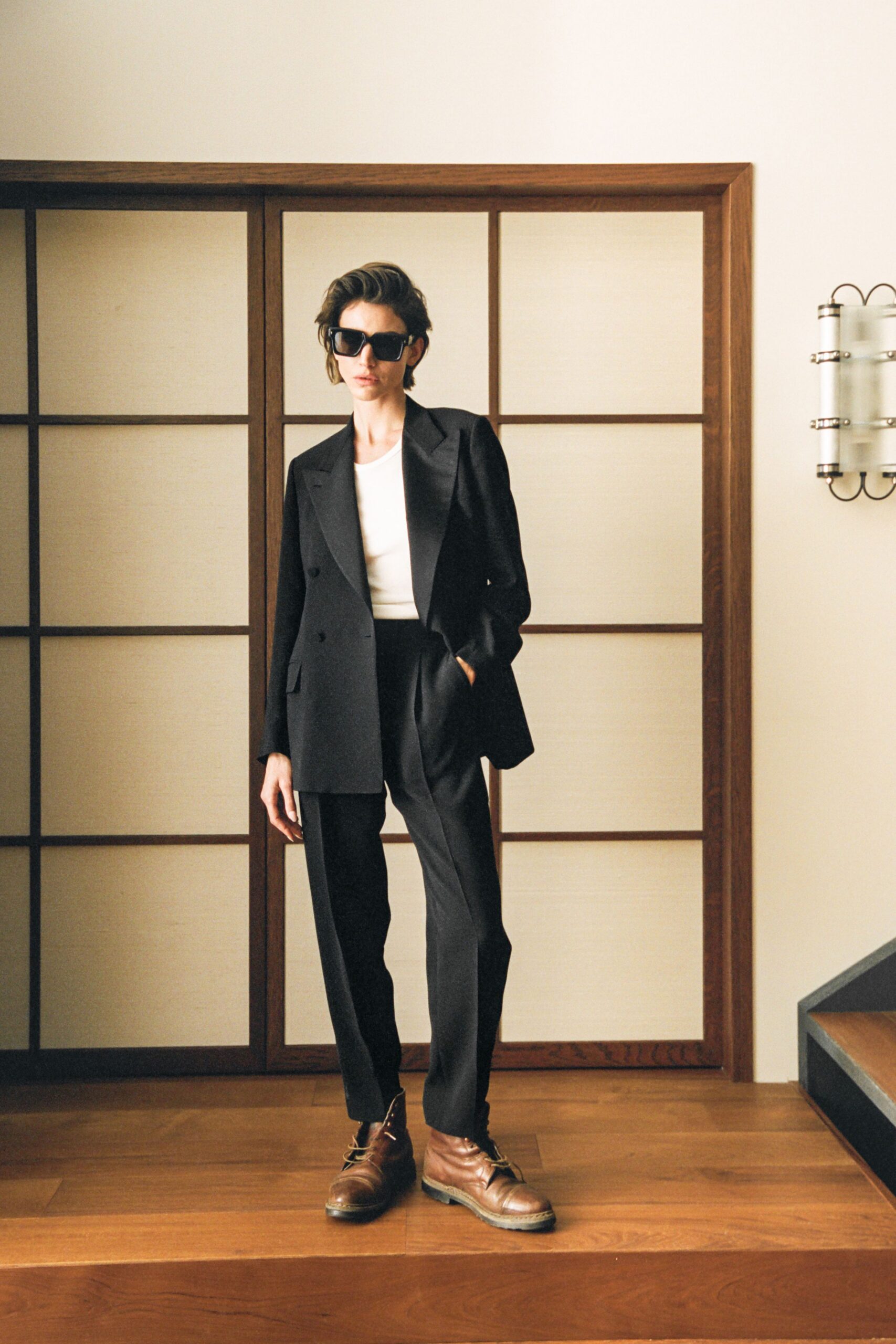 black tailored suit with white t-shirt