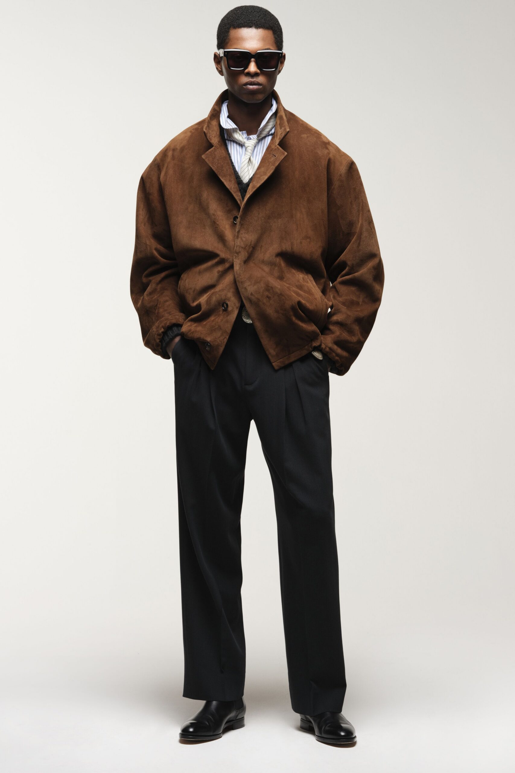 brown suede jacket with tailored pants