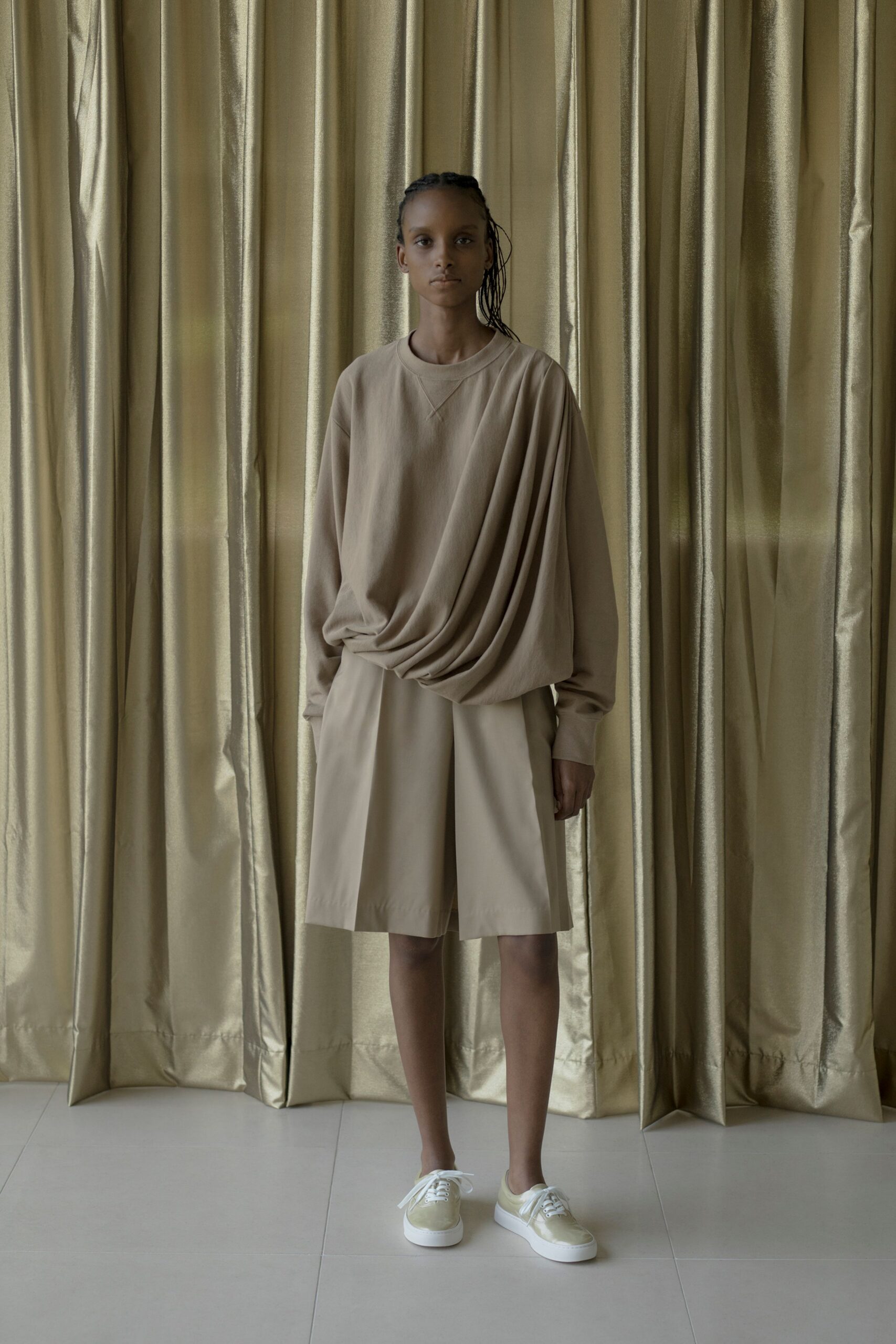 beige relaxed top with skirt