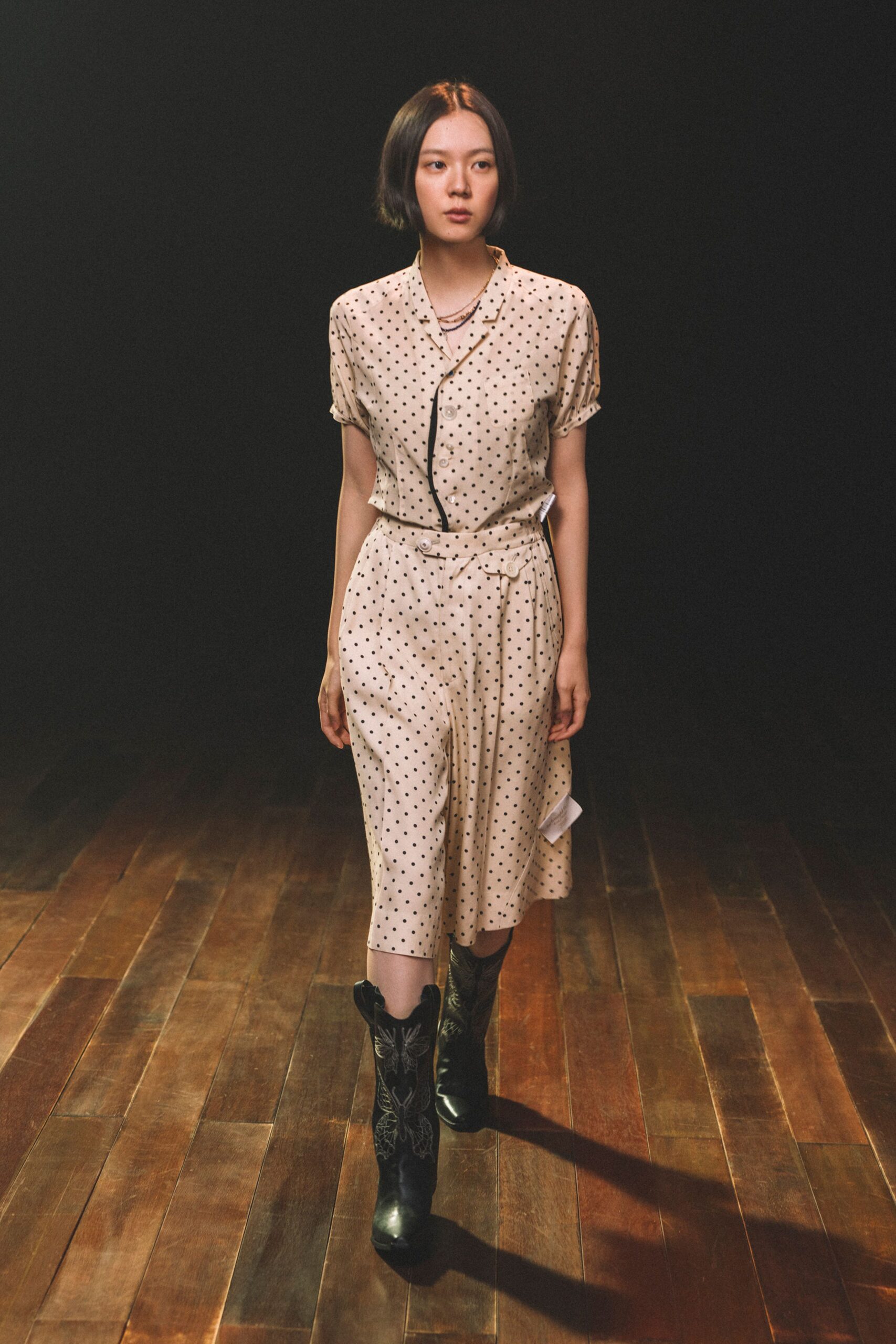 beige cotton short-sleeve collared relaxed polka-dot belted dress