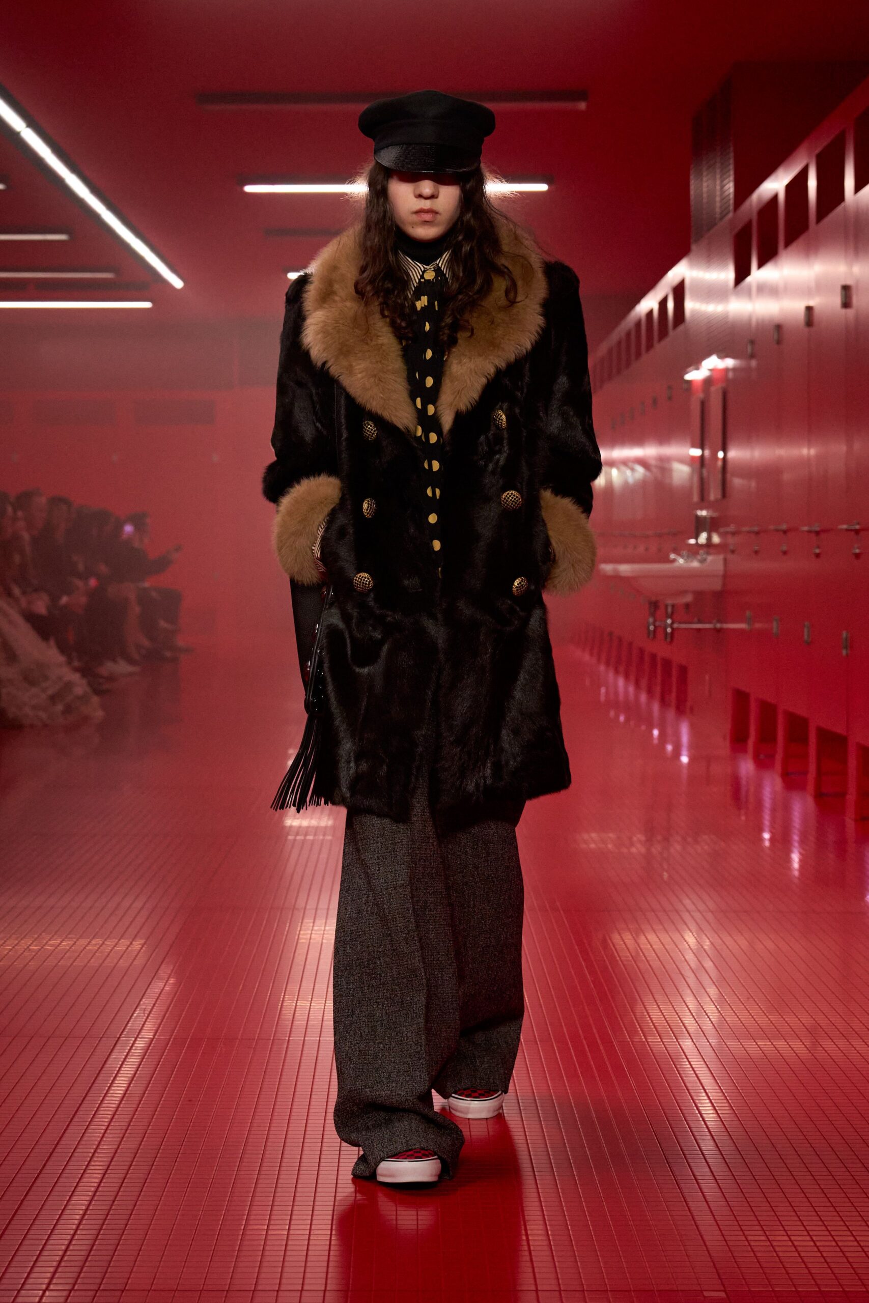 black fur long-sleeve collared relaxed beaded coat