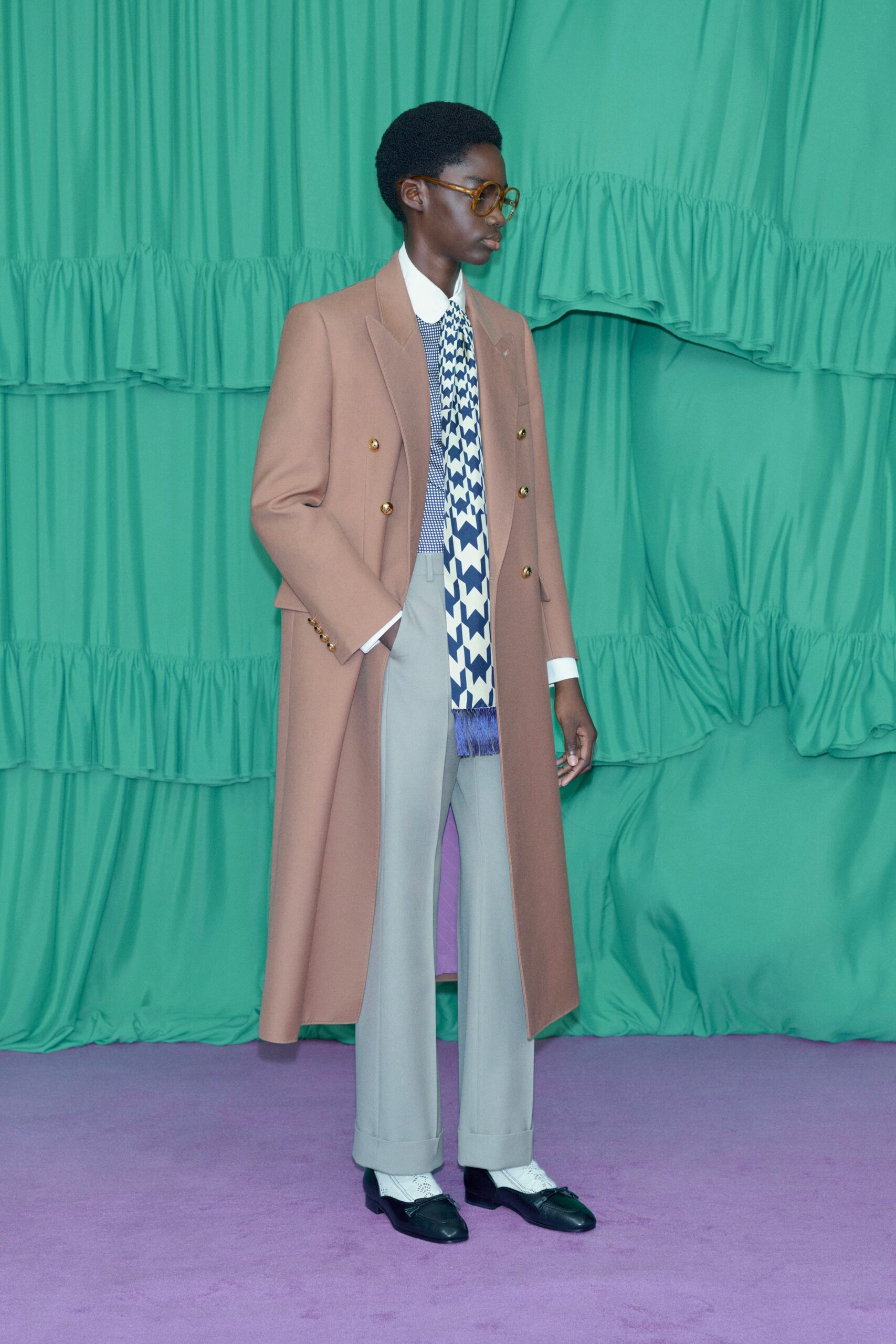 gray wool tailored high-waisted straight-leg pants