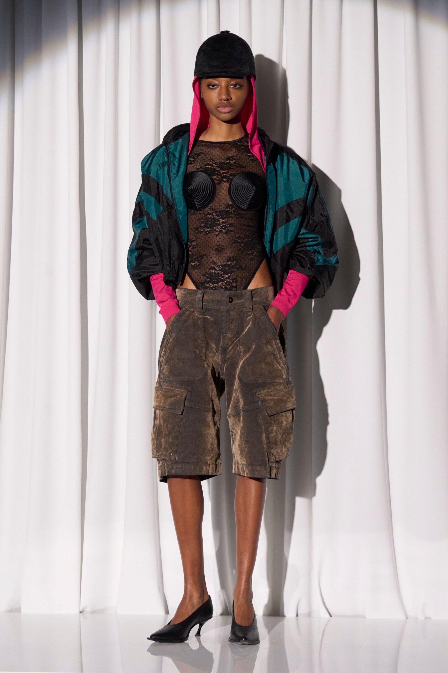 oversized color-blocked jacket with lace top