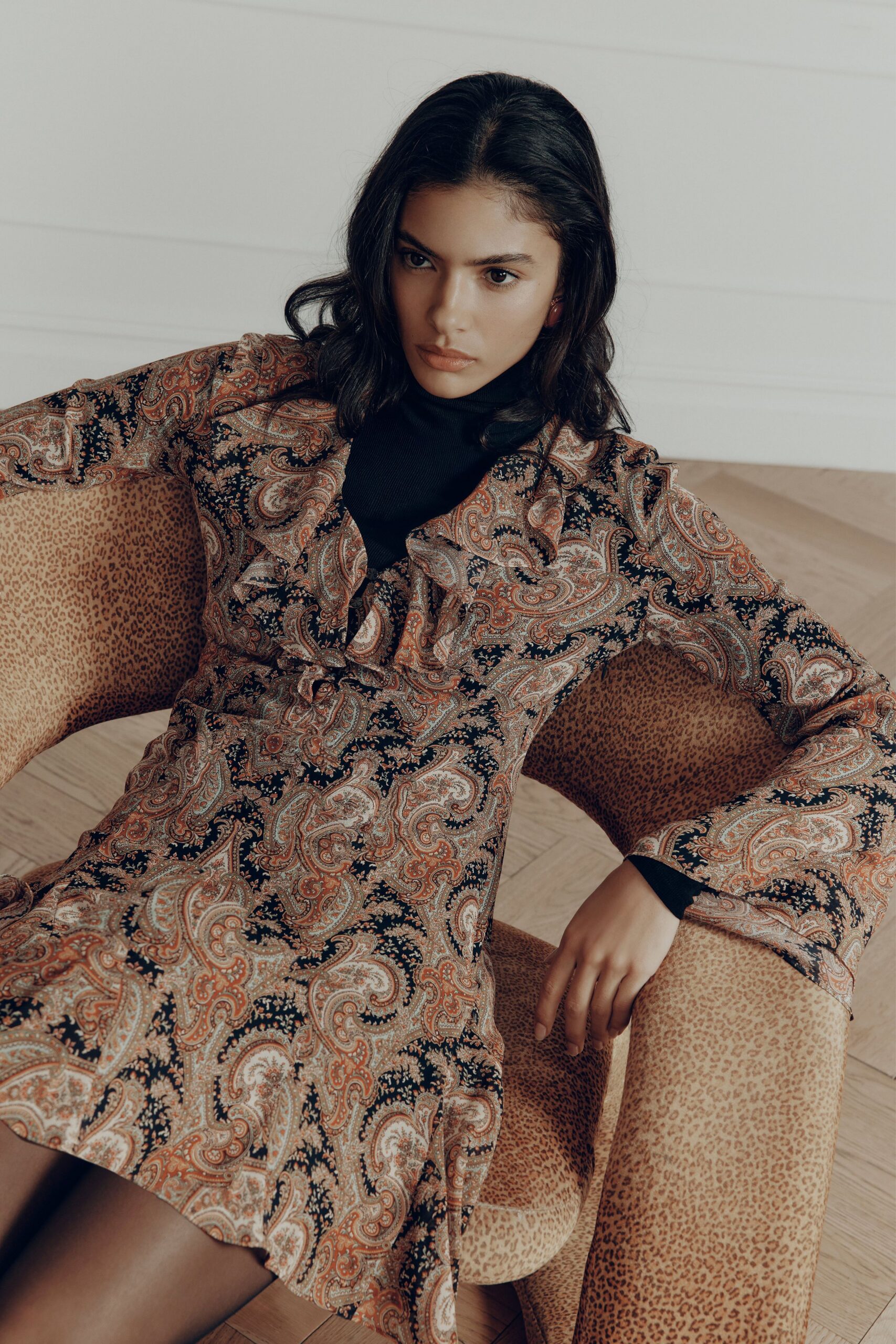 brown printed mini dress