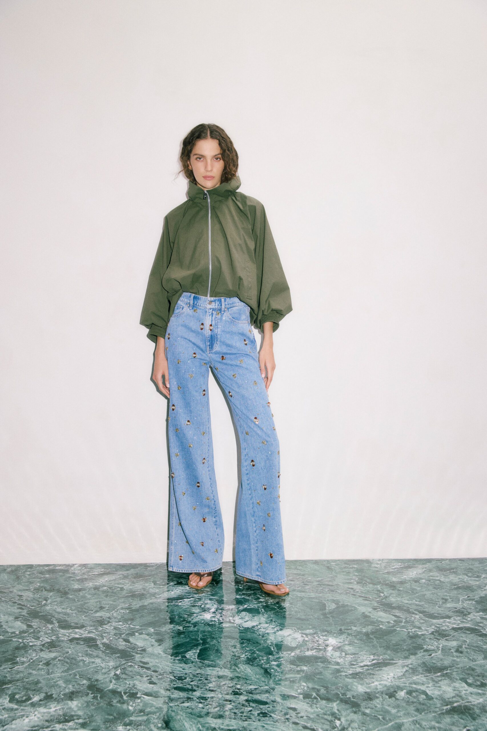 blue denim fitted flared pants