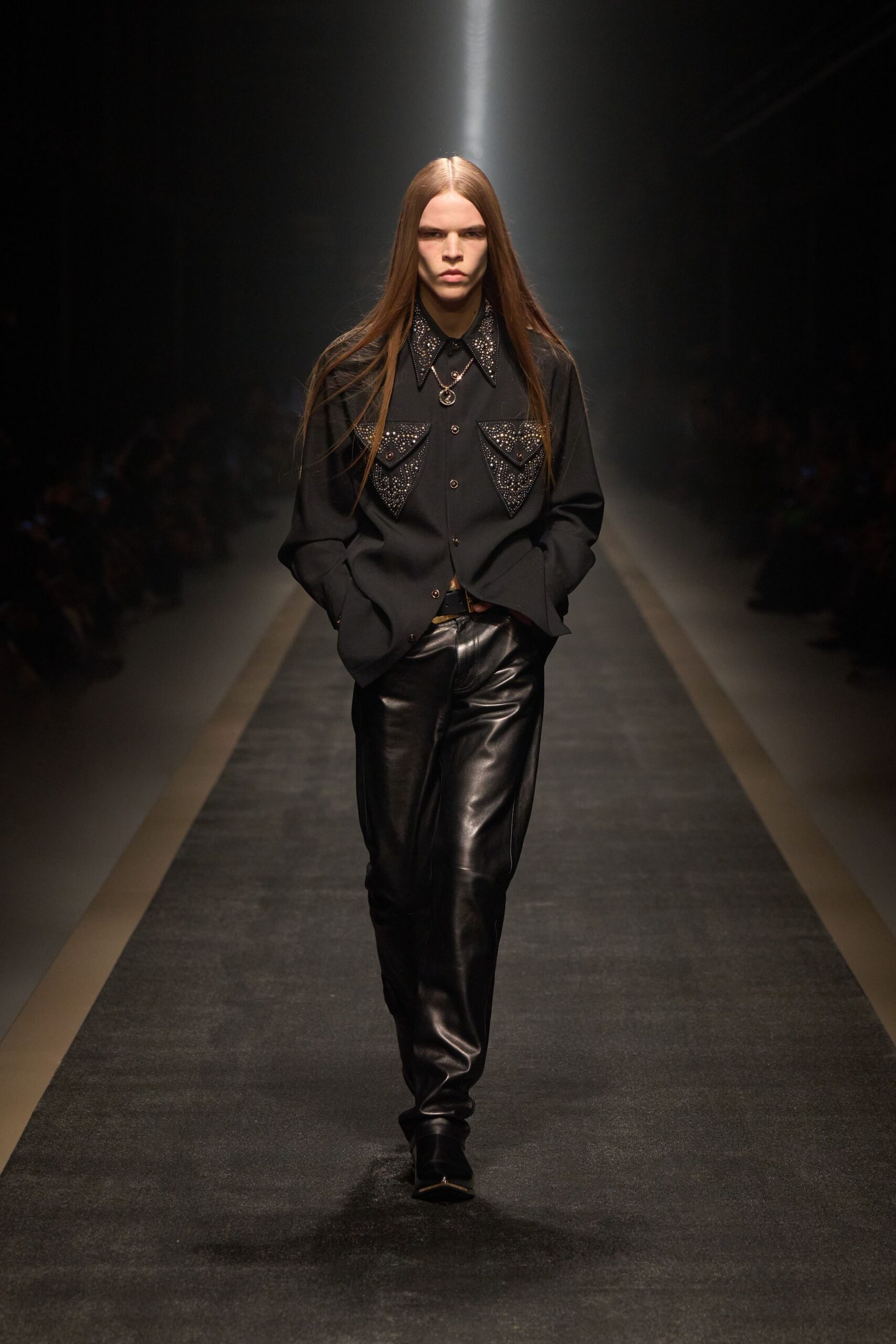black relaxed shirt with leather pants