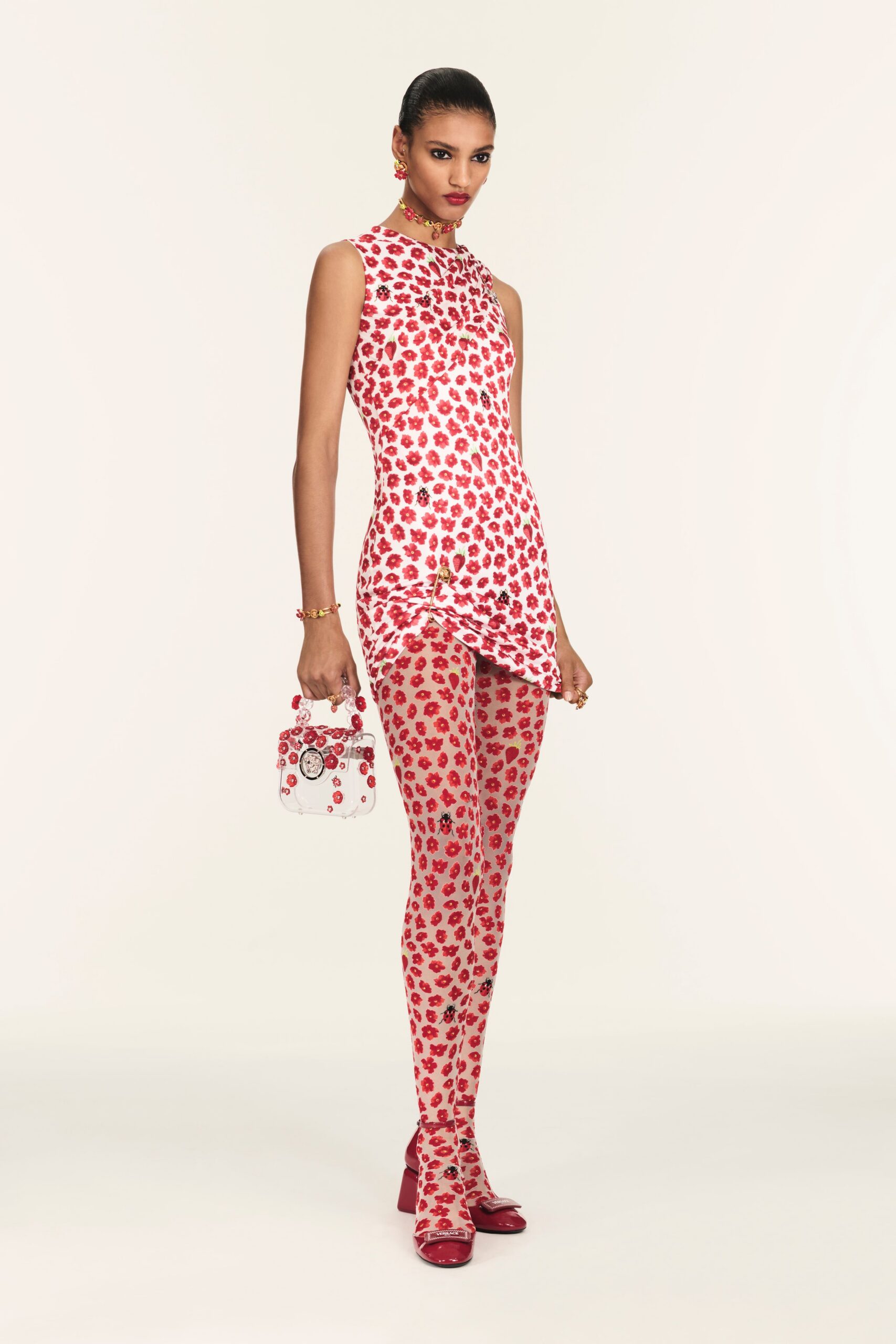red cotton sleeveless high-neck fitted printed short dress