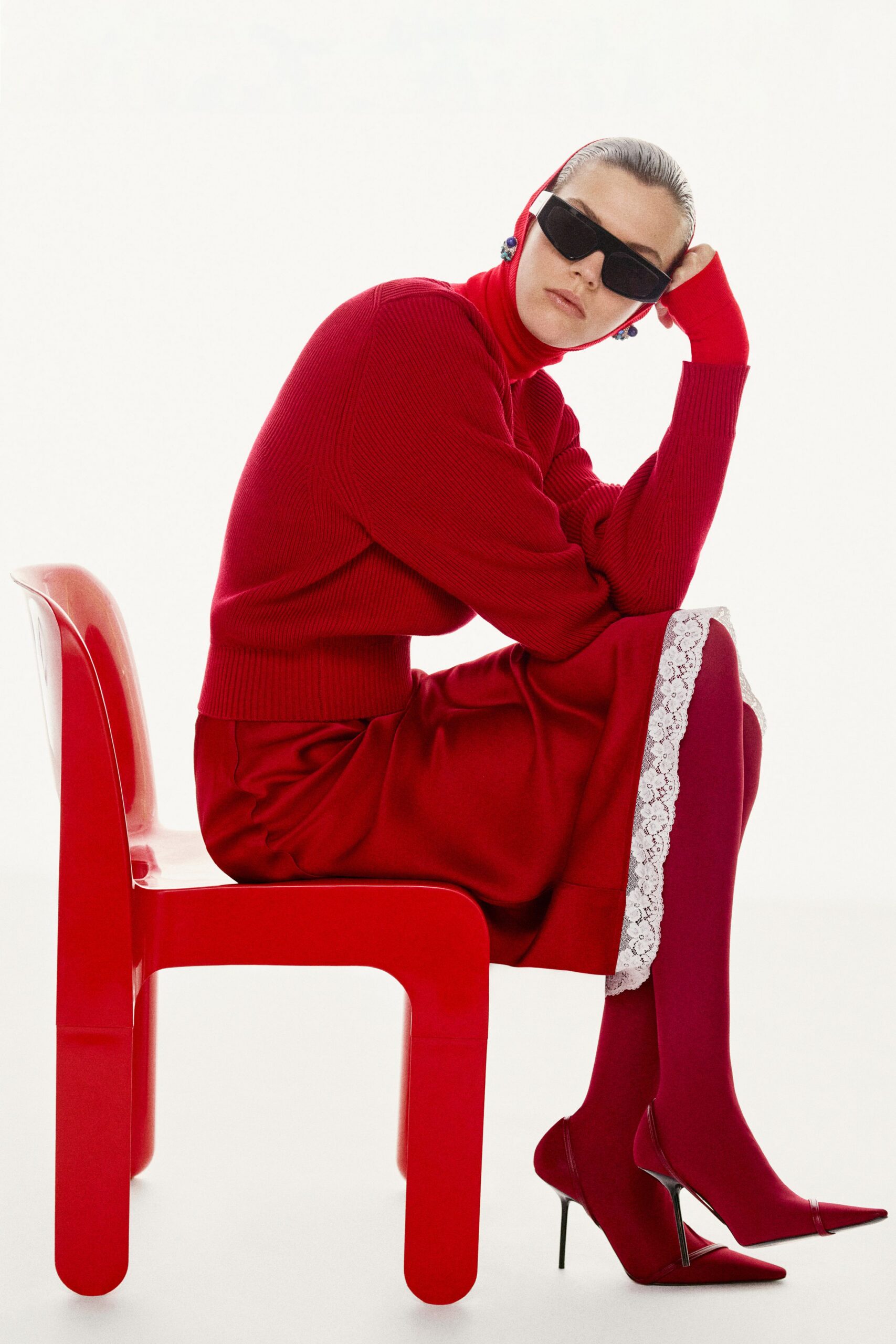 red fitted top and skirt