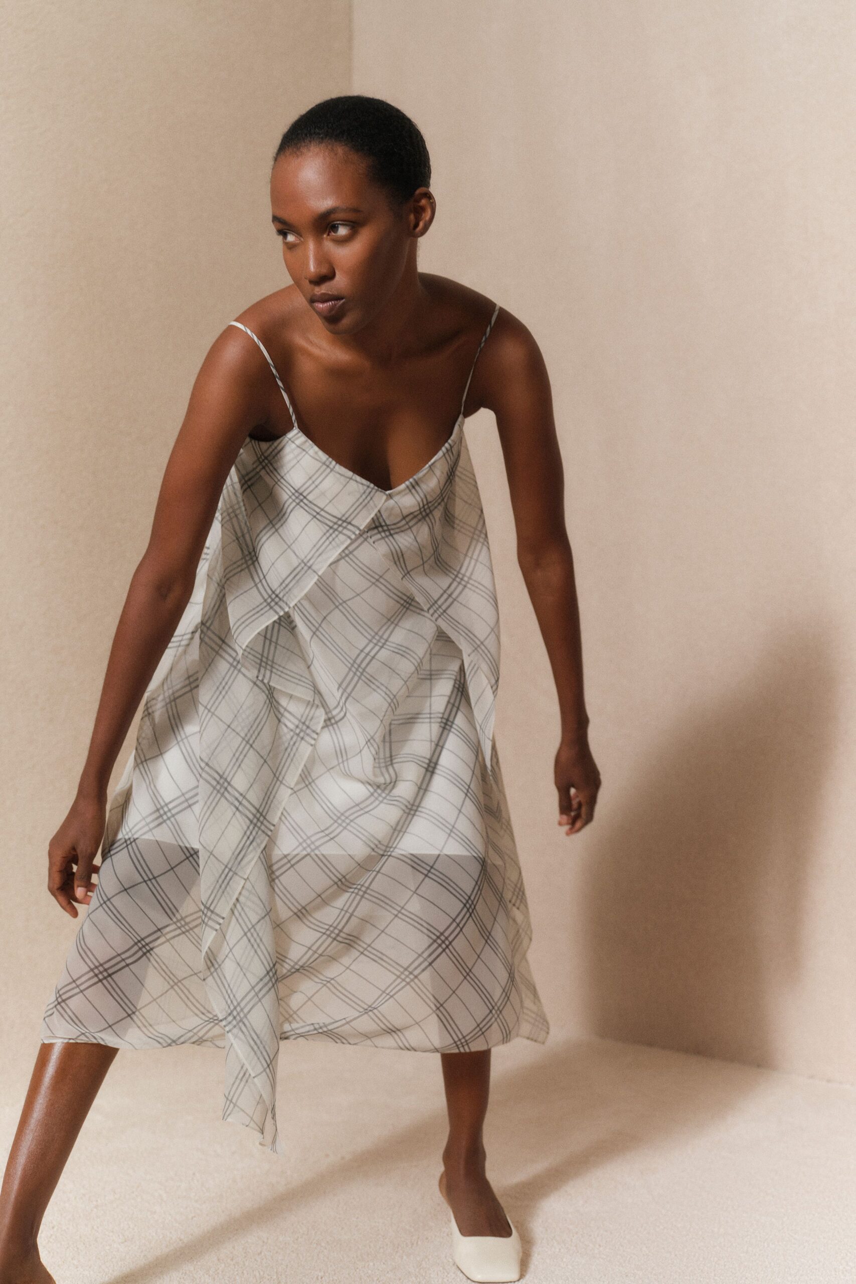 white silk sleeveless v-neck relaxed checked layered dress