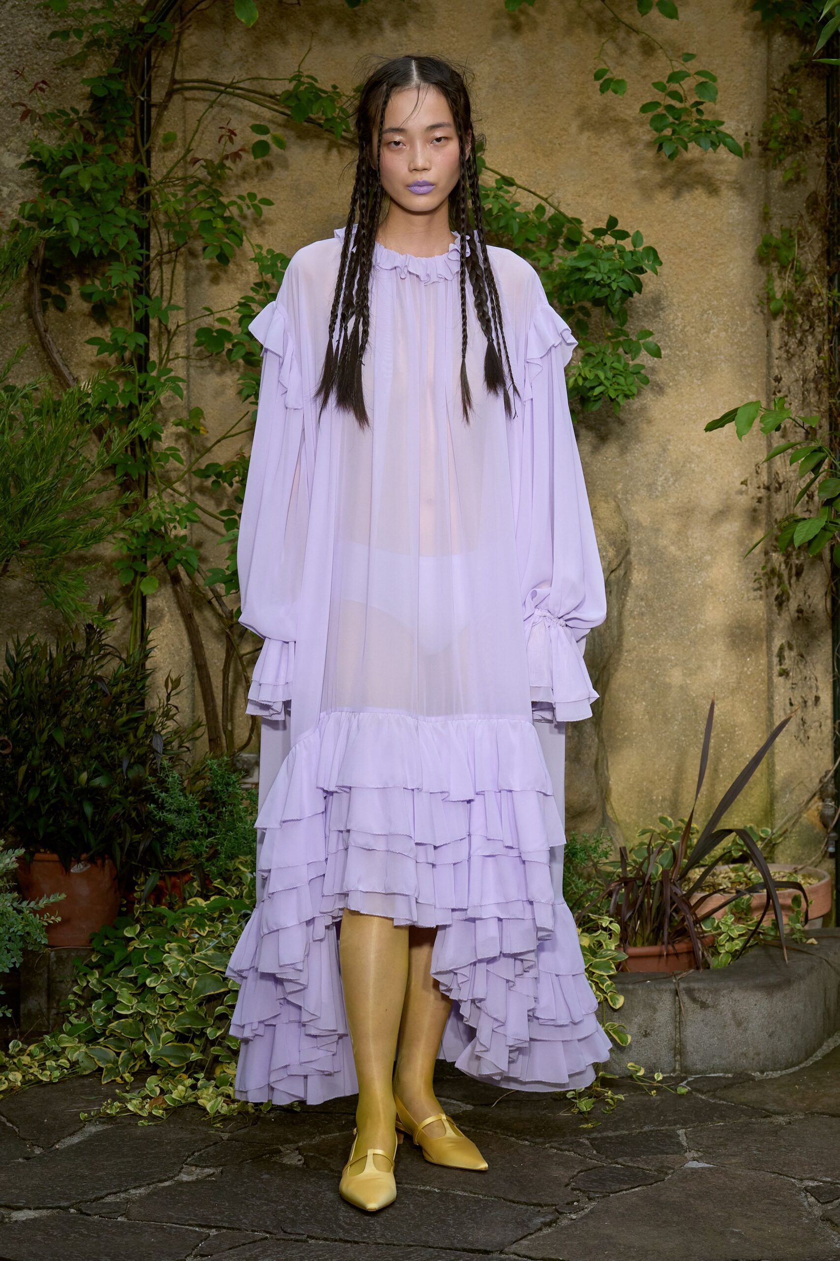 lavender chiffon long-sleeve high-neck relaxed ruffled tiered dress