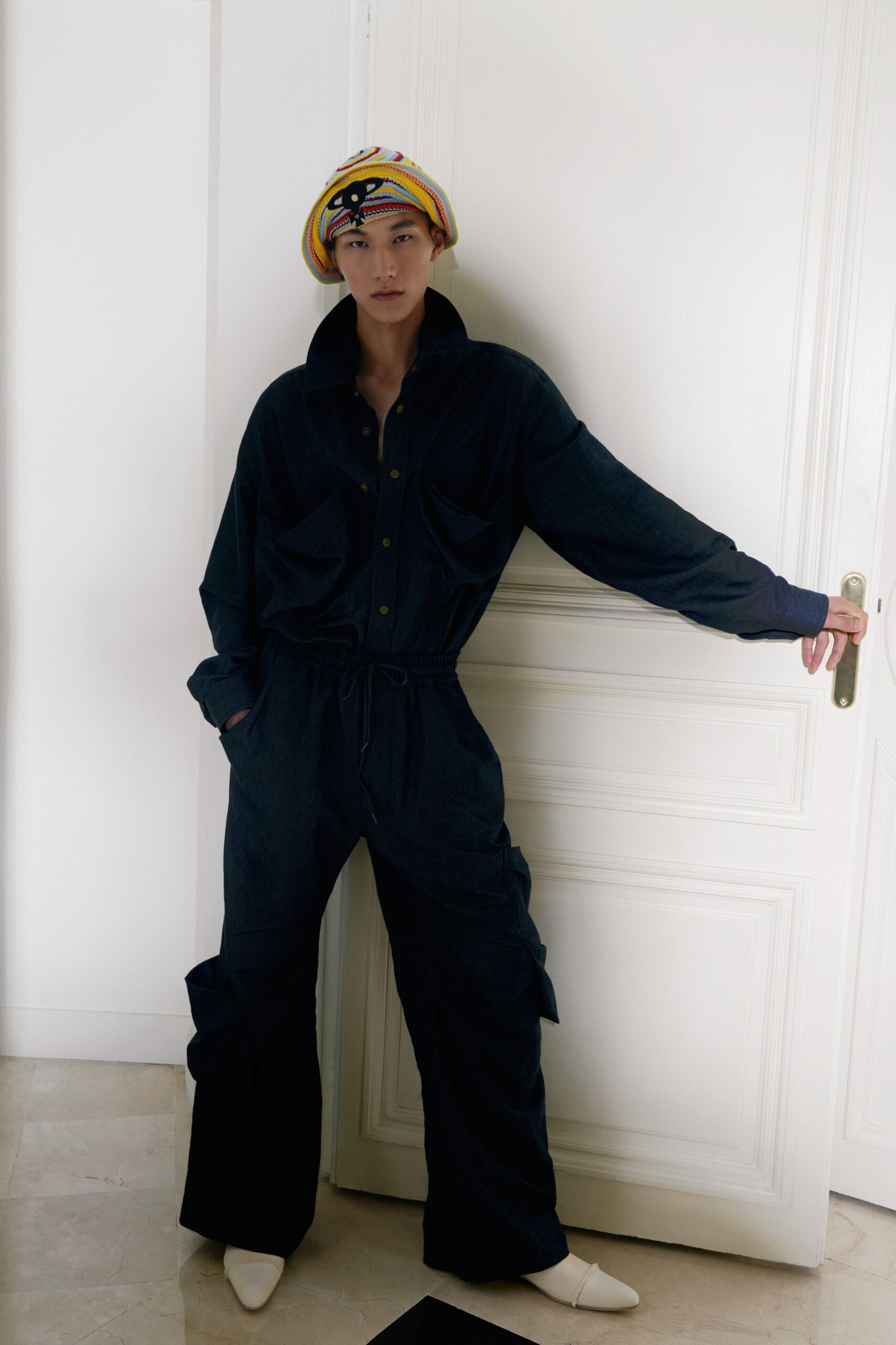 blue denim long-sleeve collared relaxed buttoned pockets jumpsuit