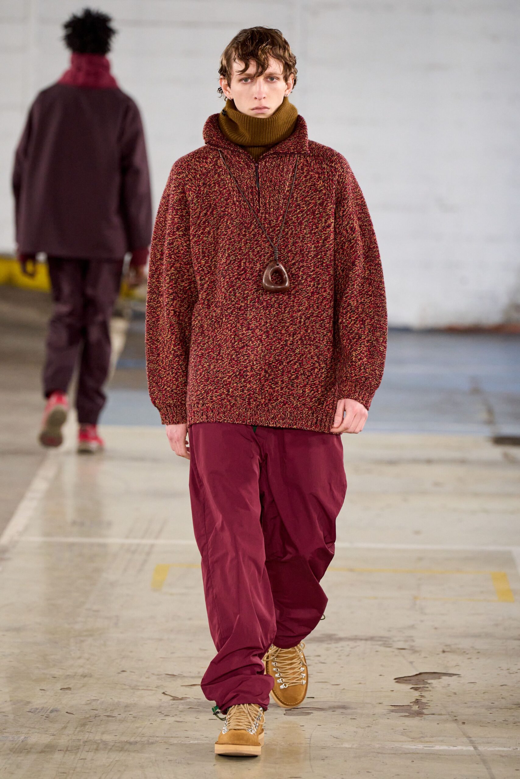 red wool long-sleeve high-neck oversized textured sweater