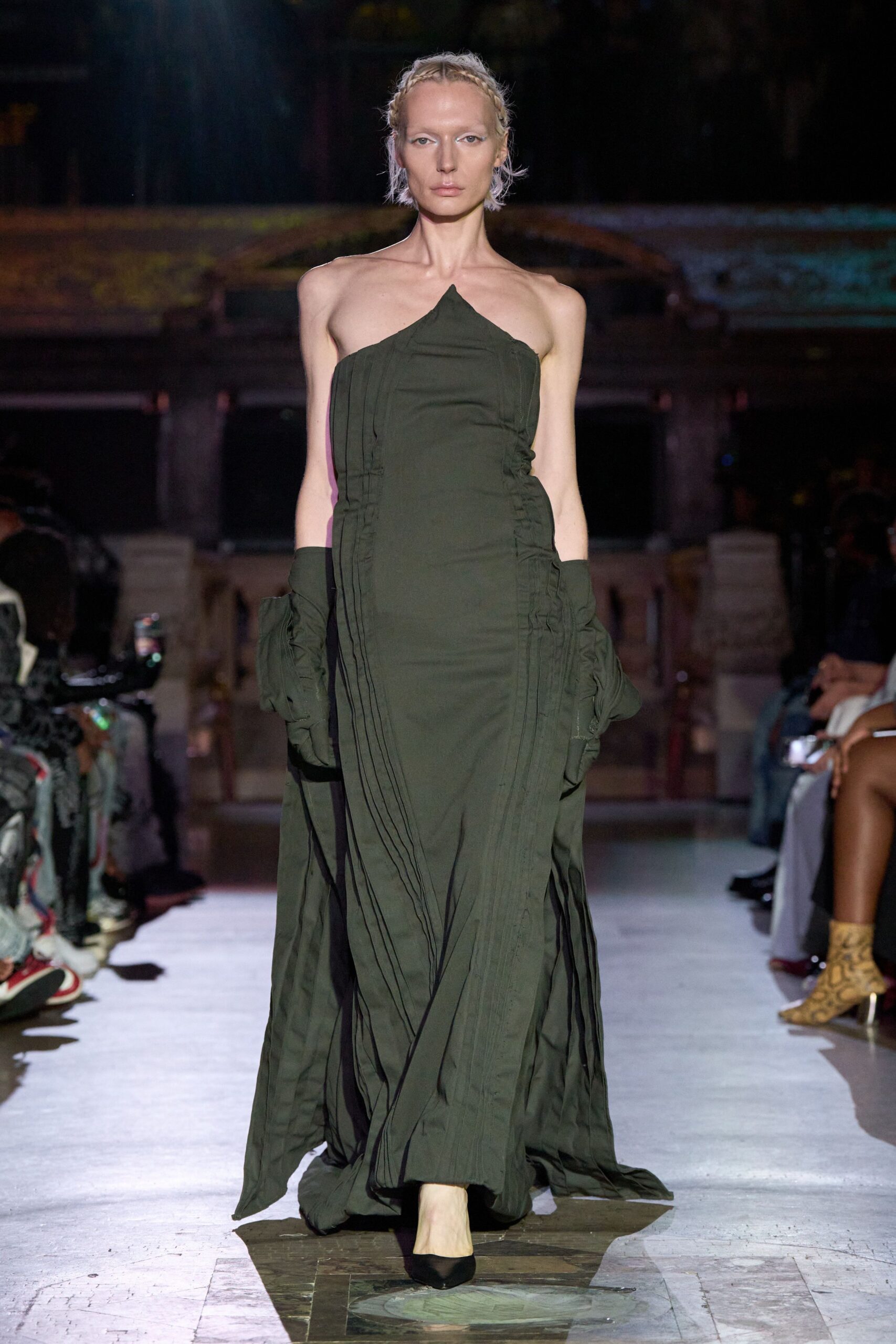 green cotton sleeveless asymmetric fitted draped maxi gown