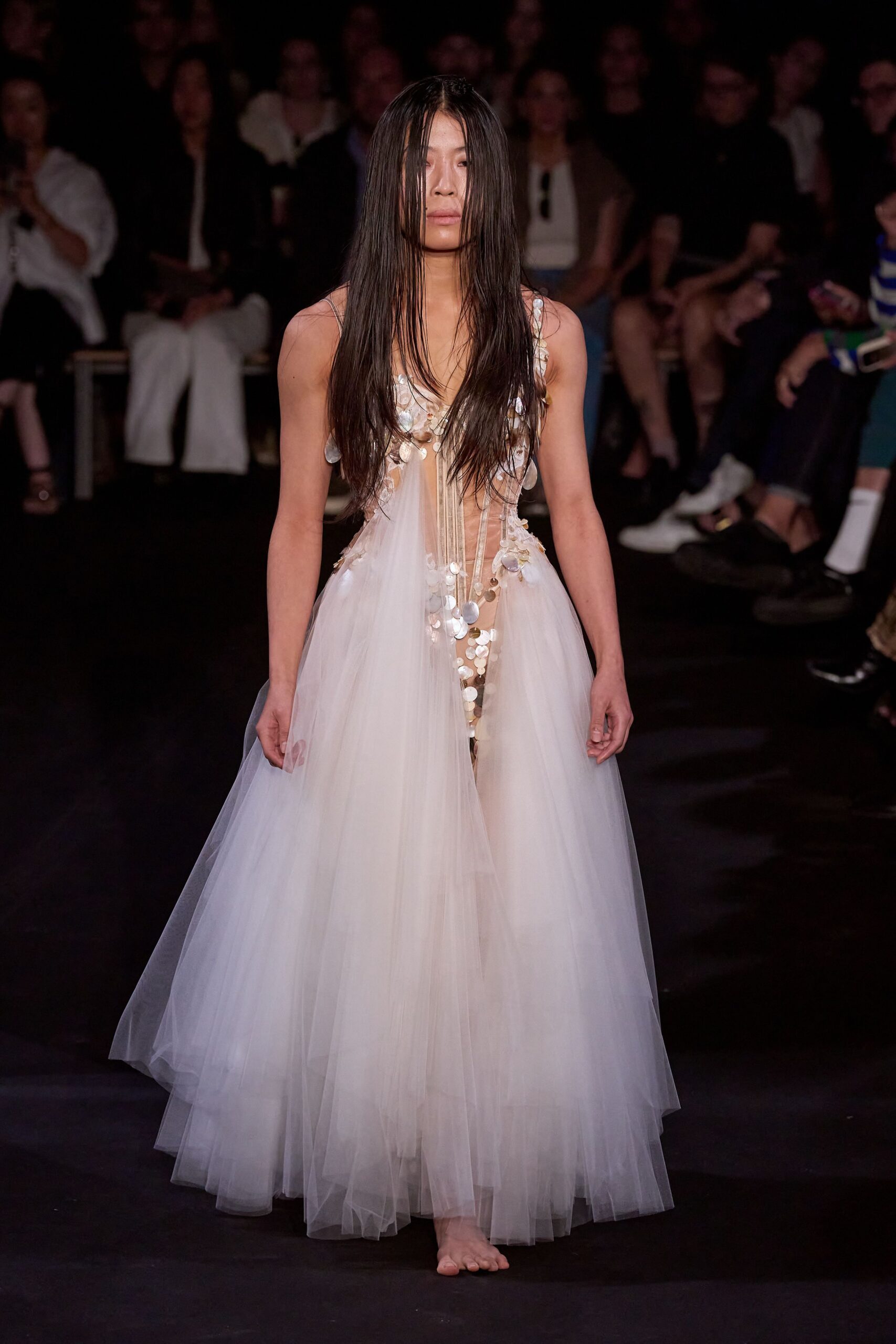 white tulle sleeveless gown