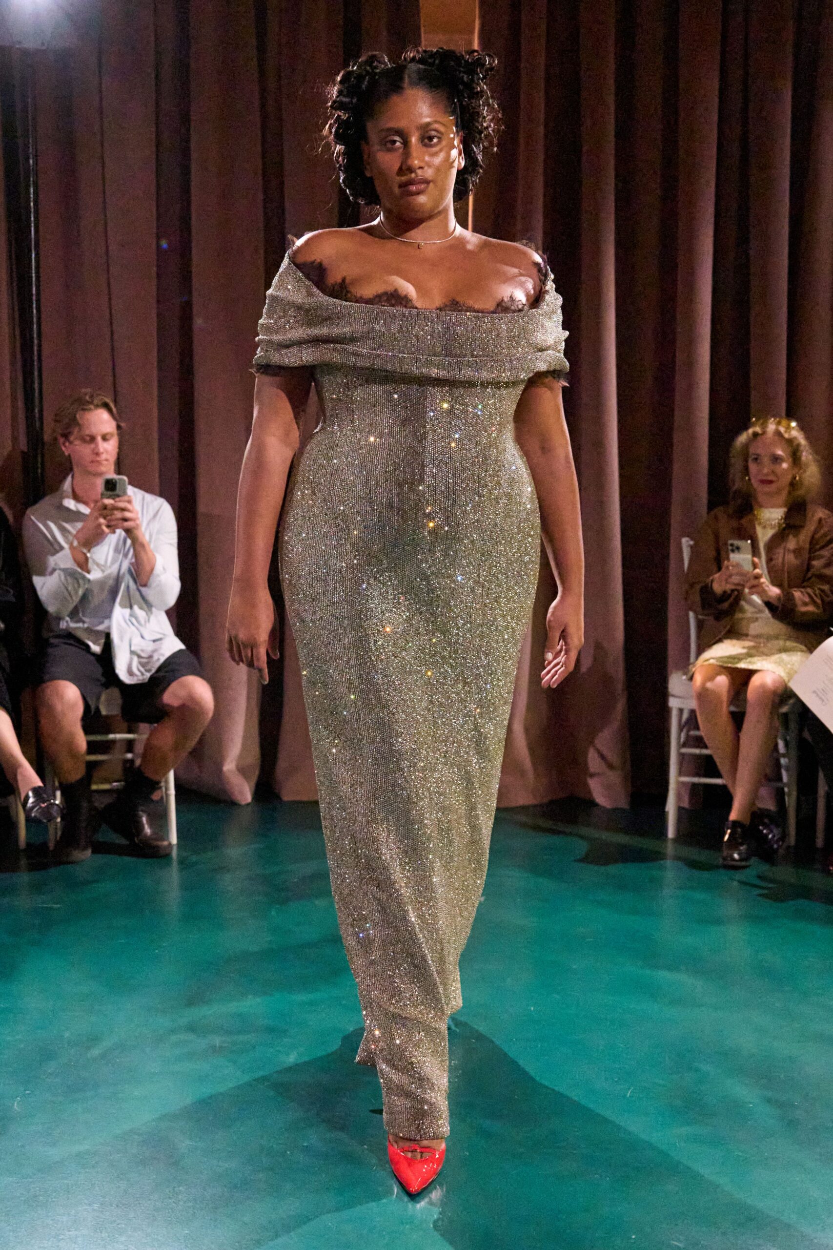 gray off-shoulder slit fitted sequined shiny maxi gown
