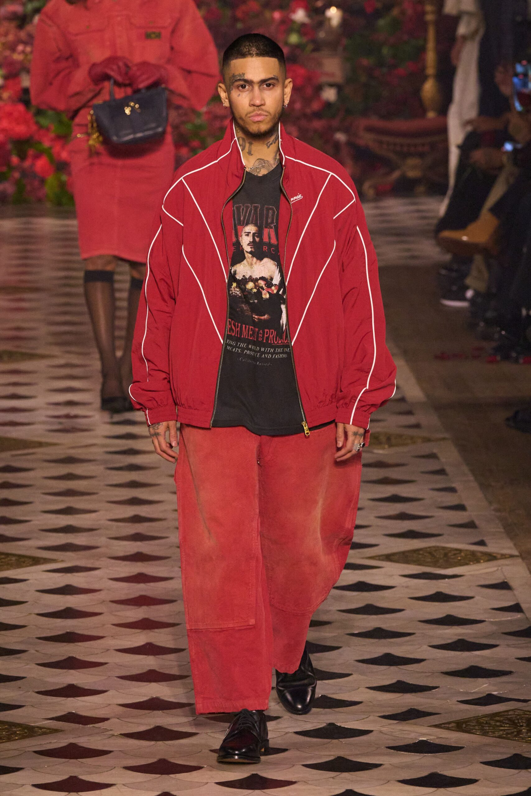 red cotton long-sleeve collared relaxed zippered jacket