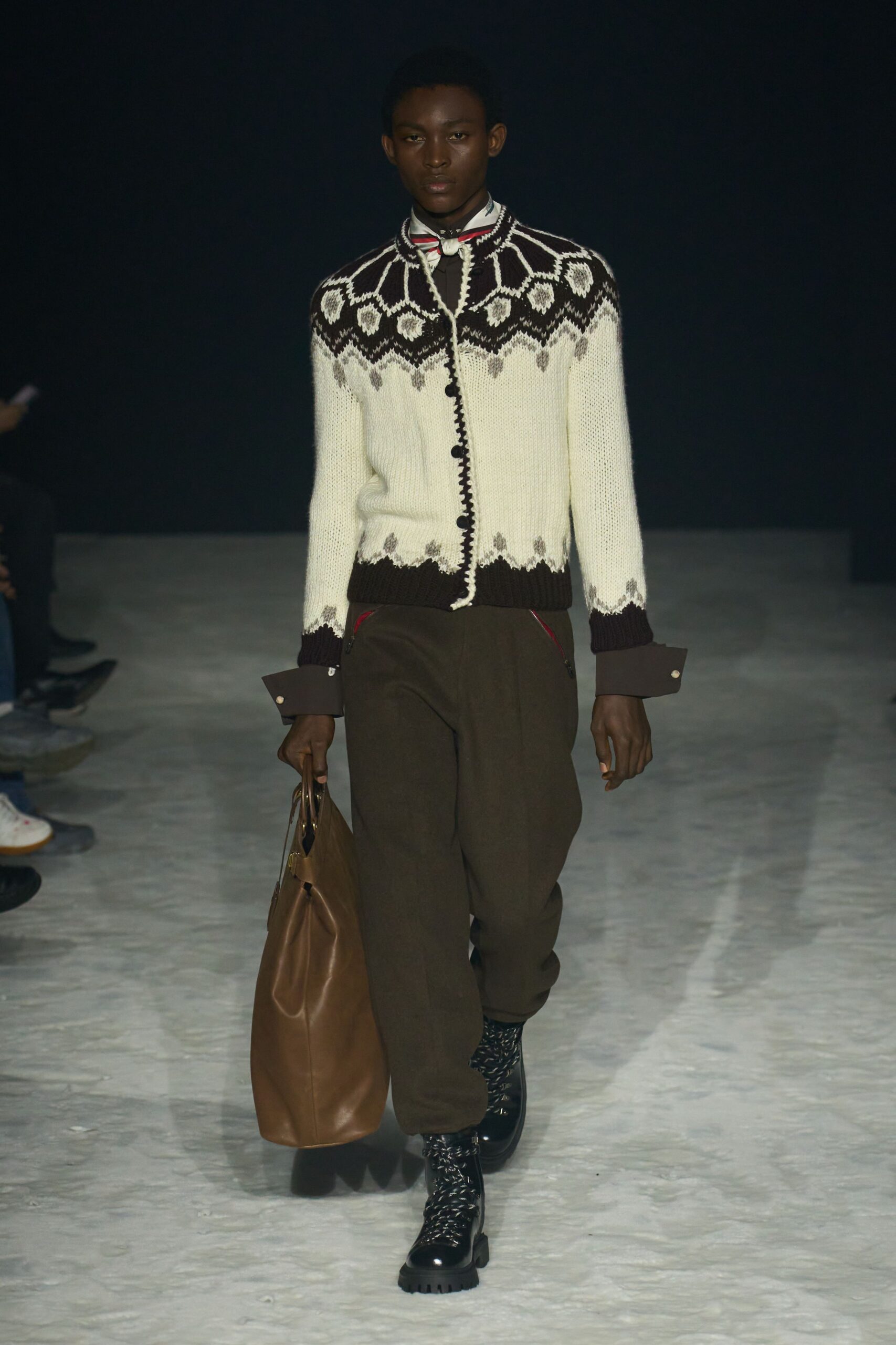 white wool long-sleeve collared fitted embroidered cardigan