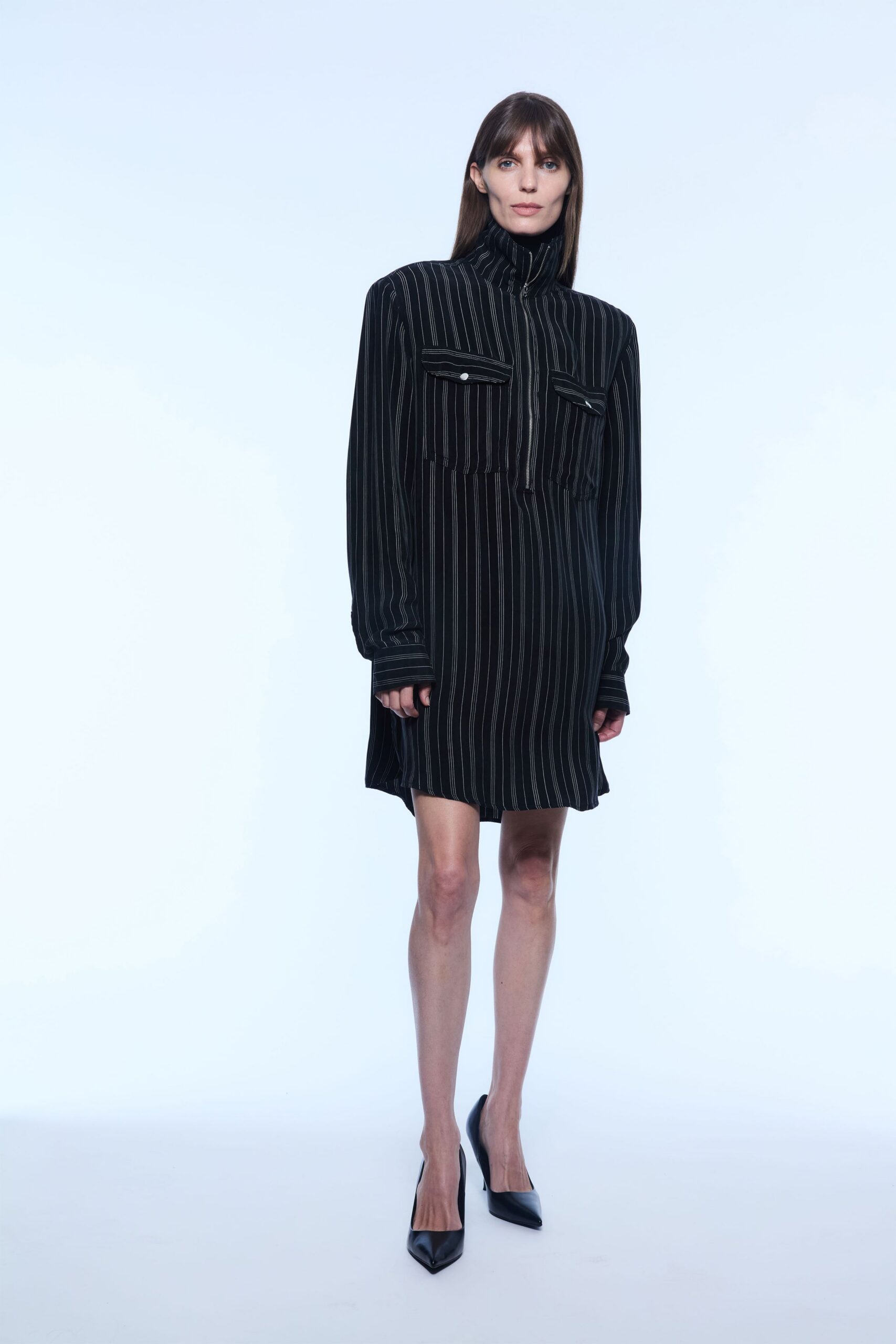black cotton long-sleeve collared relaxed striped buttoned shirt-dress