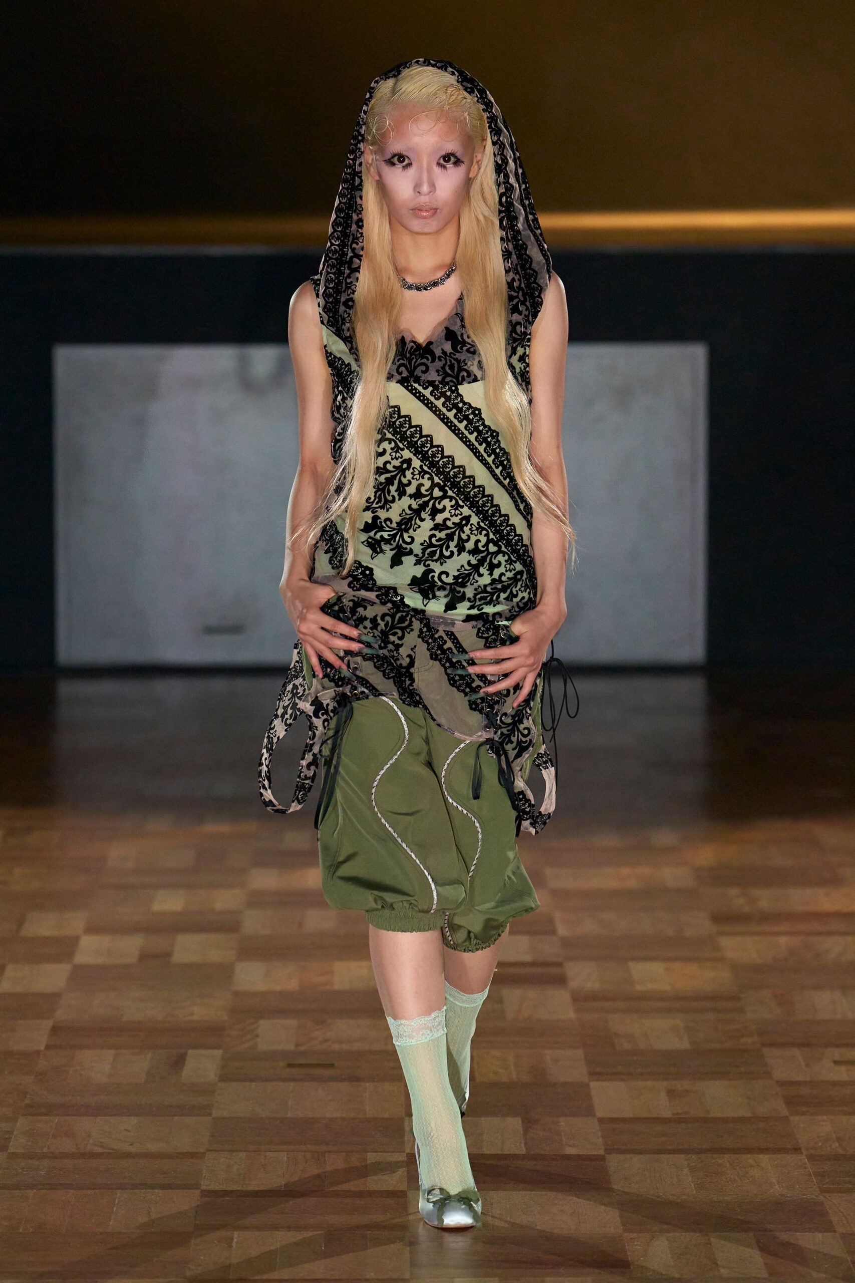 black and green embroidered midi dress