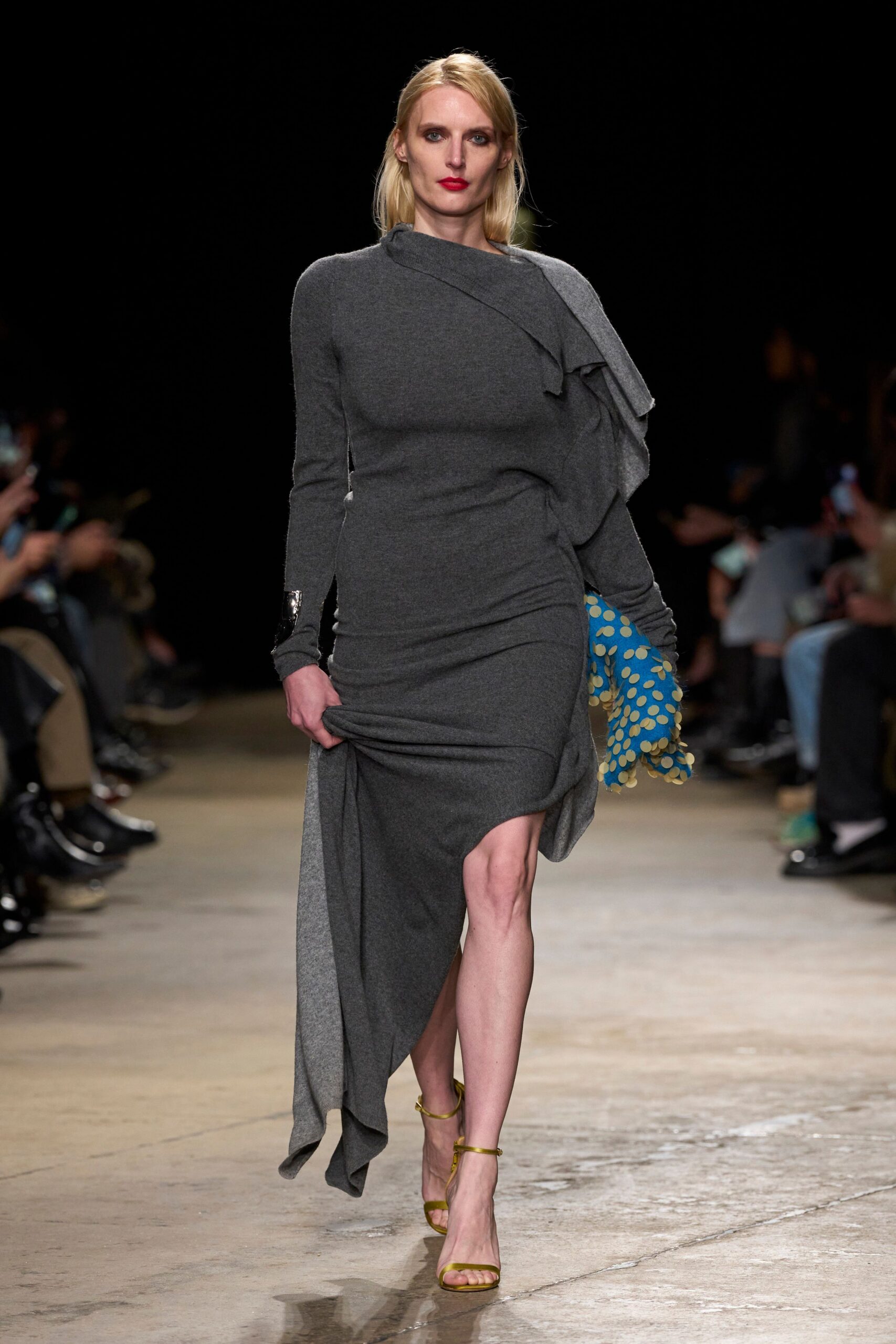 gray wool long-sleeve asymmetric fitted draped midi dress