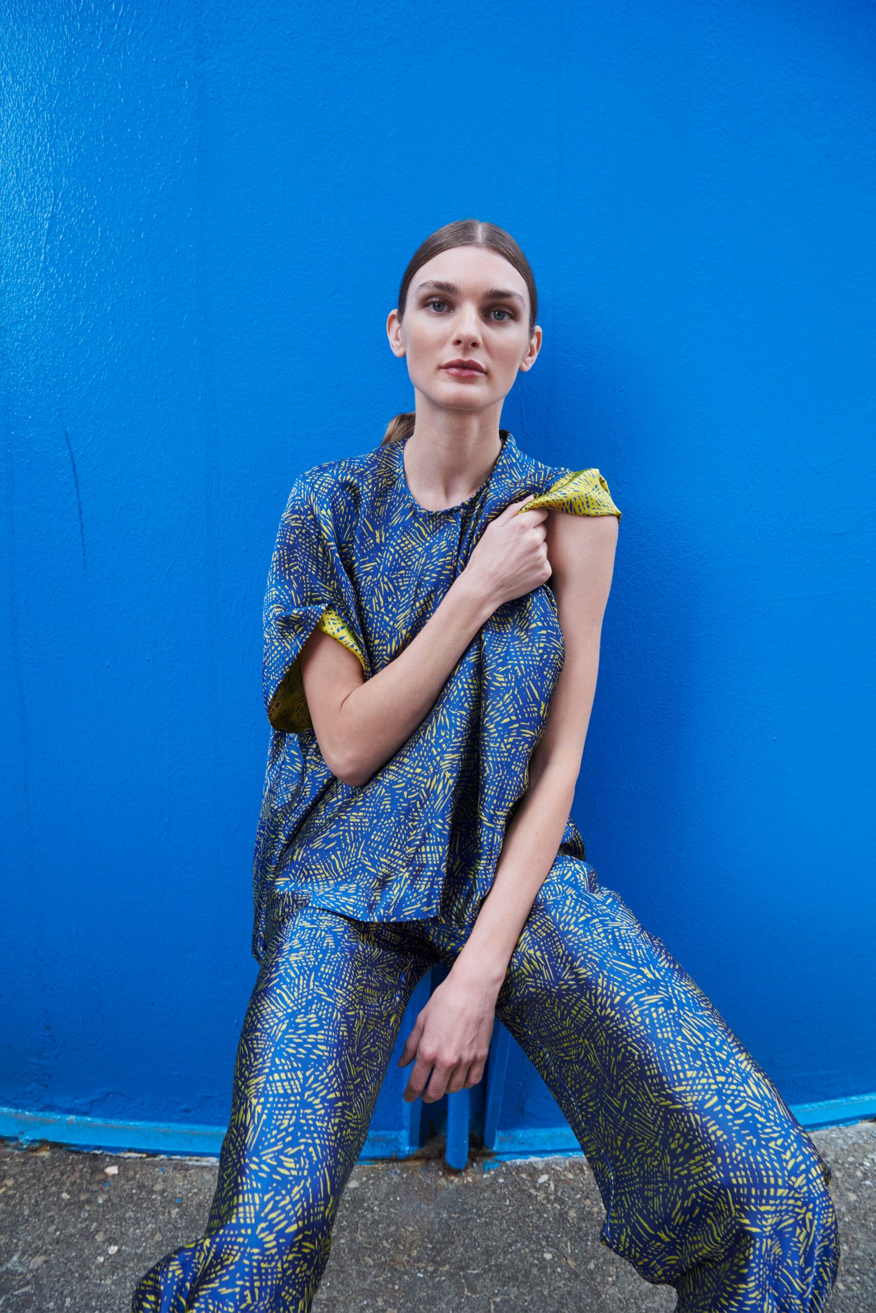 blue and yellow printed top and pants