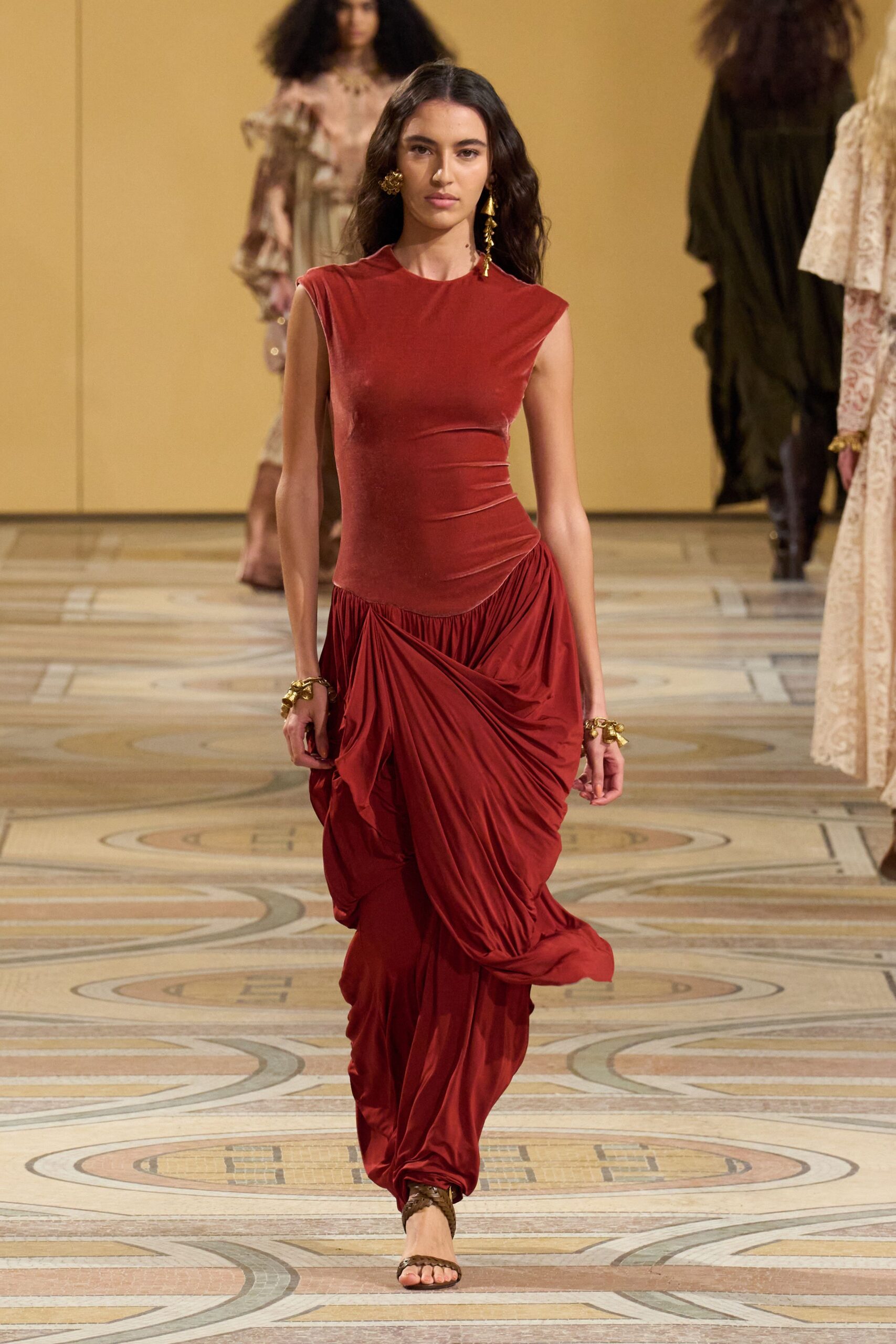 red silk sleeveless high-neck fitted draped midi dress