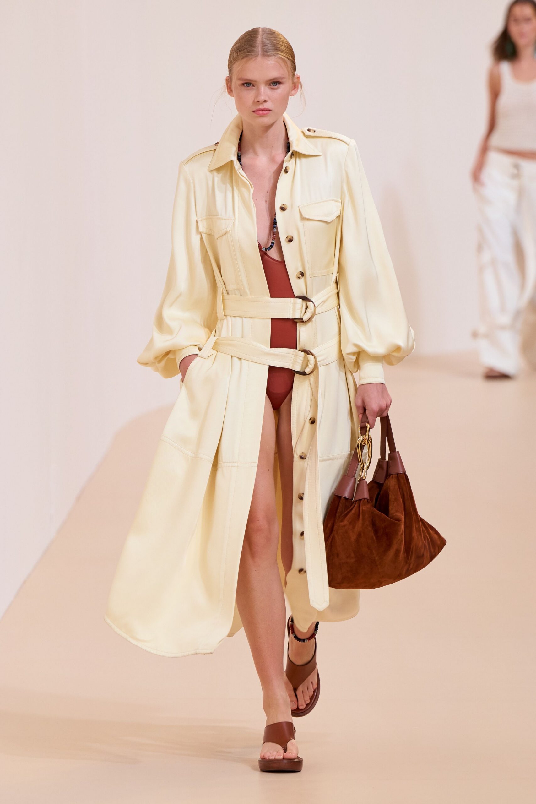 yellow silk long-sleeve collared fitted buttoned belted dress
