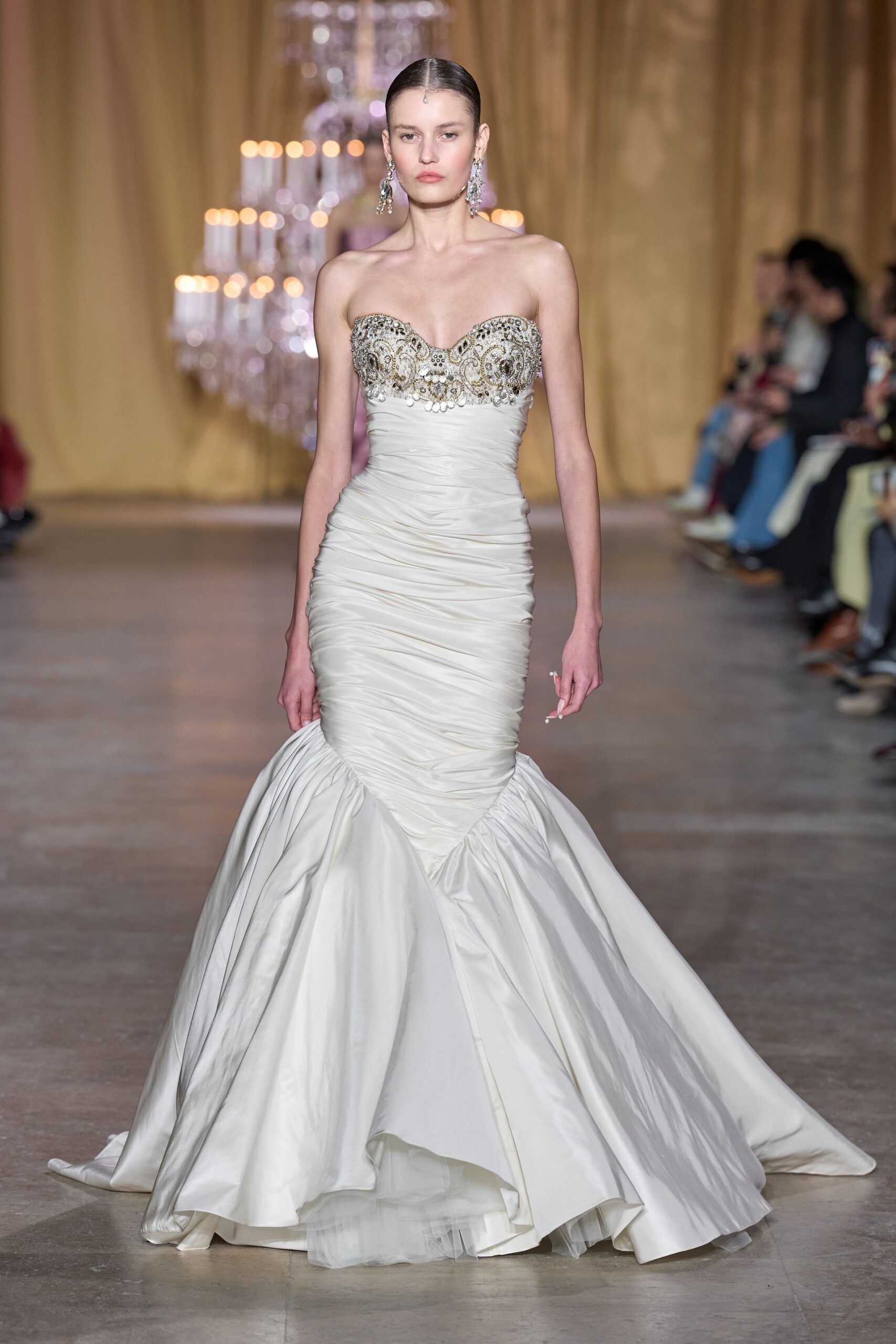 white strapless ruched gown
