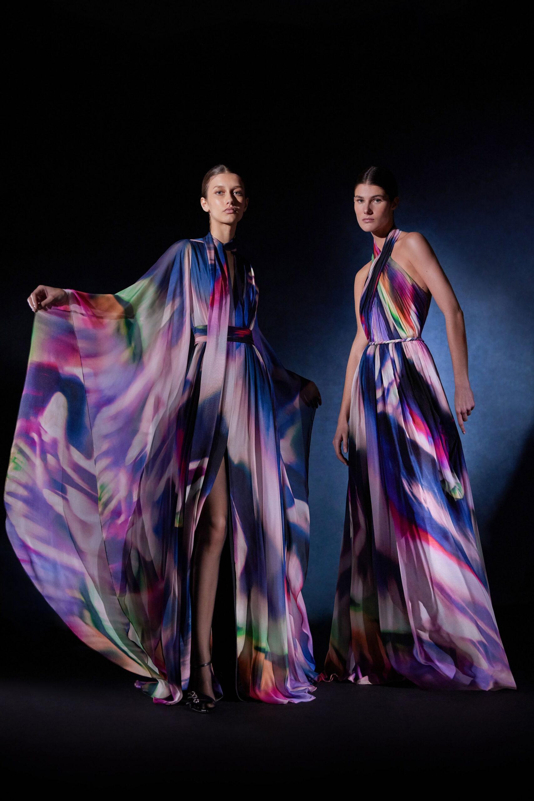 multi silk sleeveless v-neck fitted draped layered gown