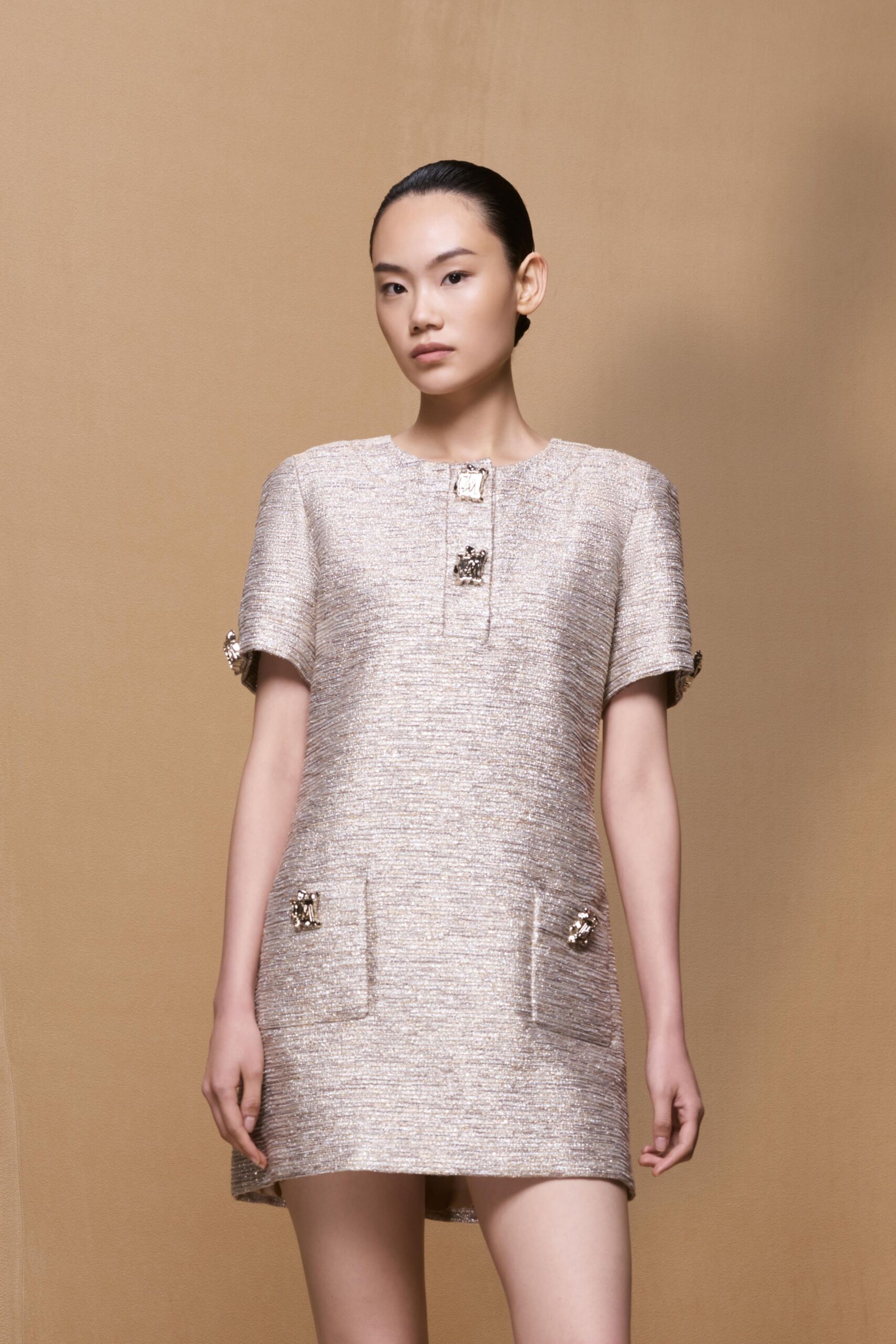beige fitted tweed mini dress