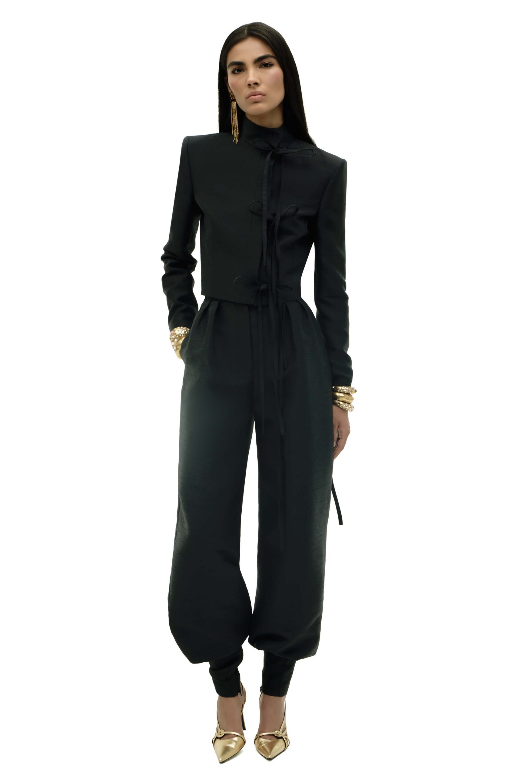black cotton long-sleeve collared fitted zippered belted jumpsuit