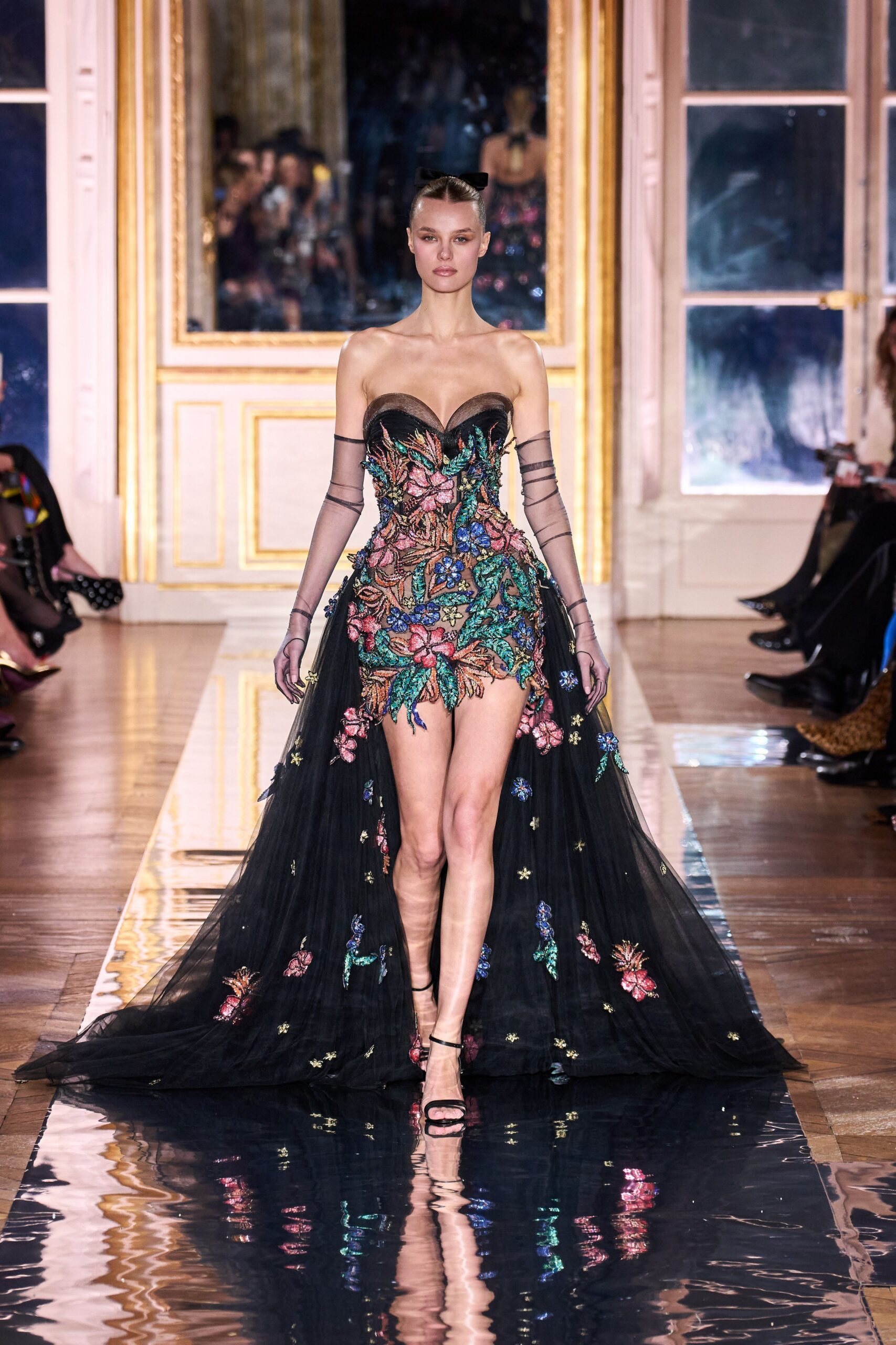 black tulle strapless fitted embellished flared flowing gown