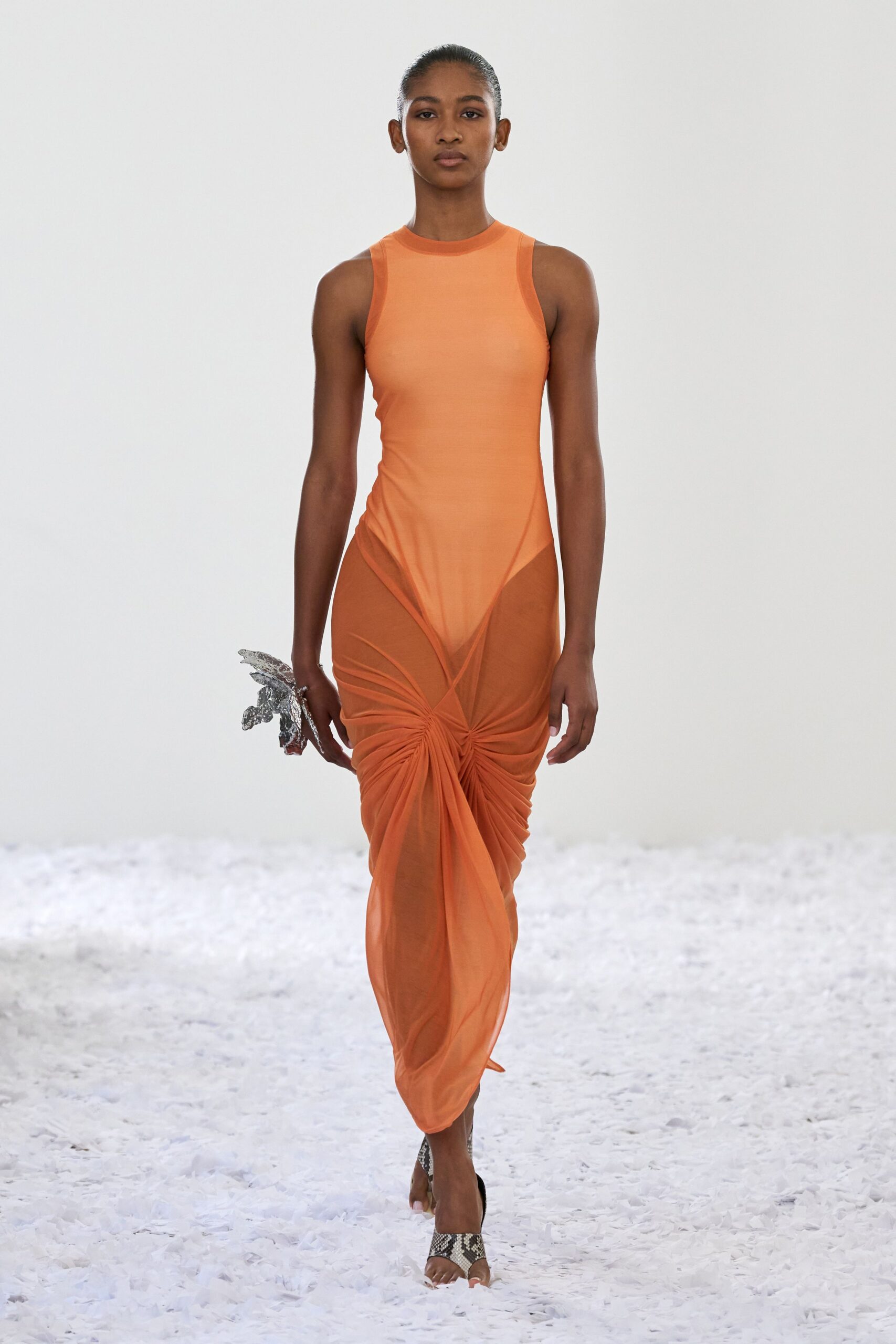 orange silk sleeveless high-neck fitted ruched sheer gown