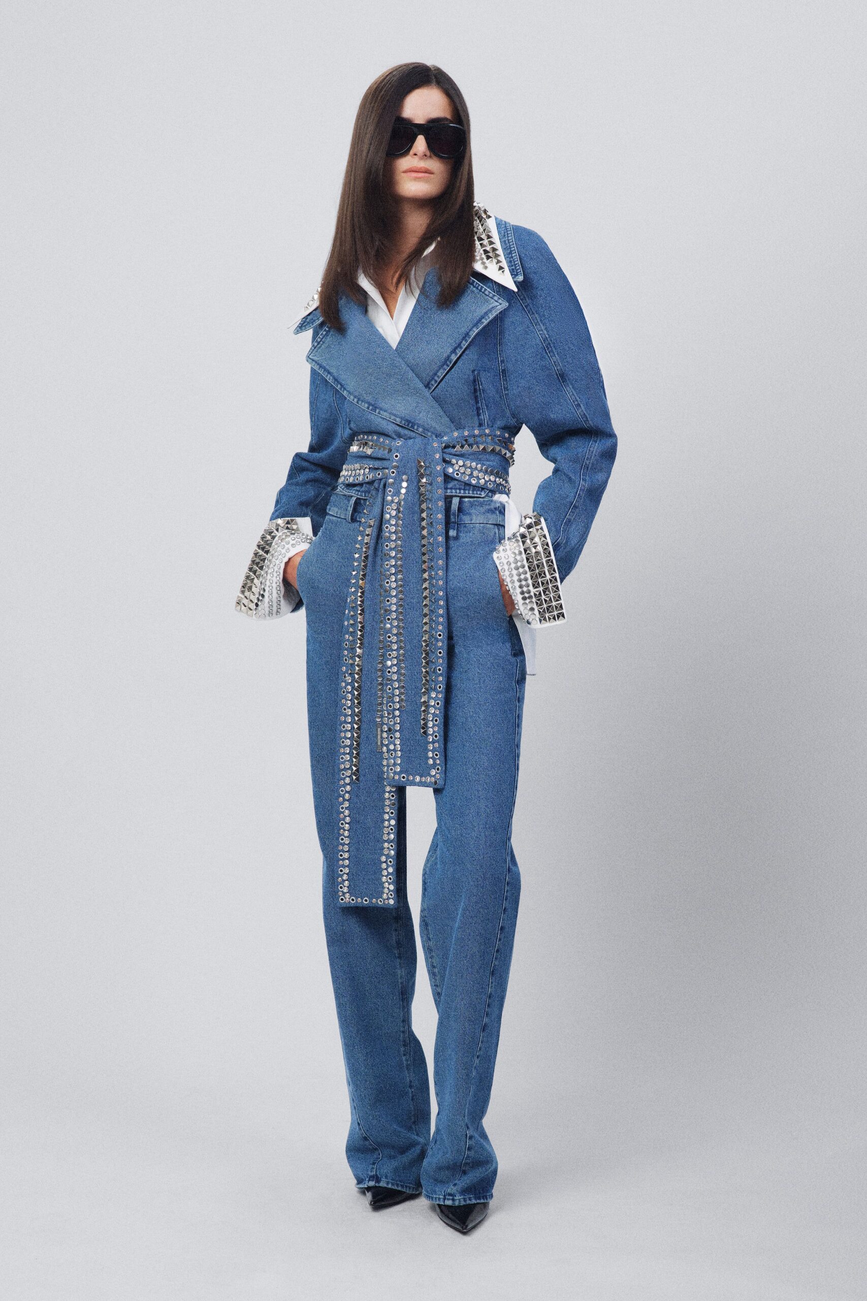 blue denim long-sleeve collared fitted belted zippered jacket