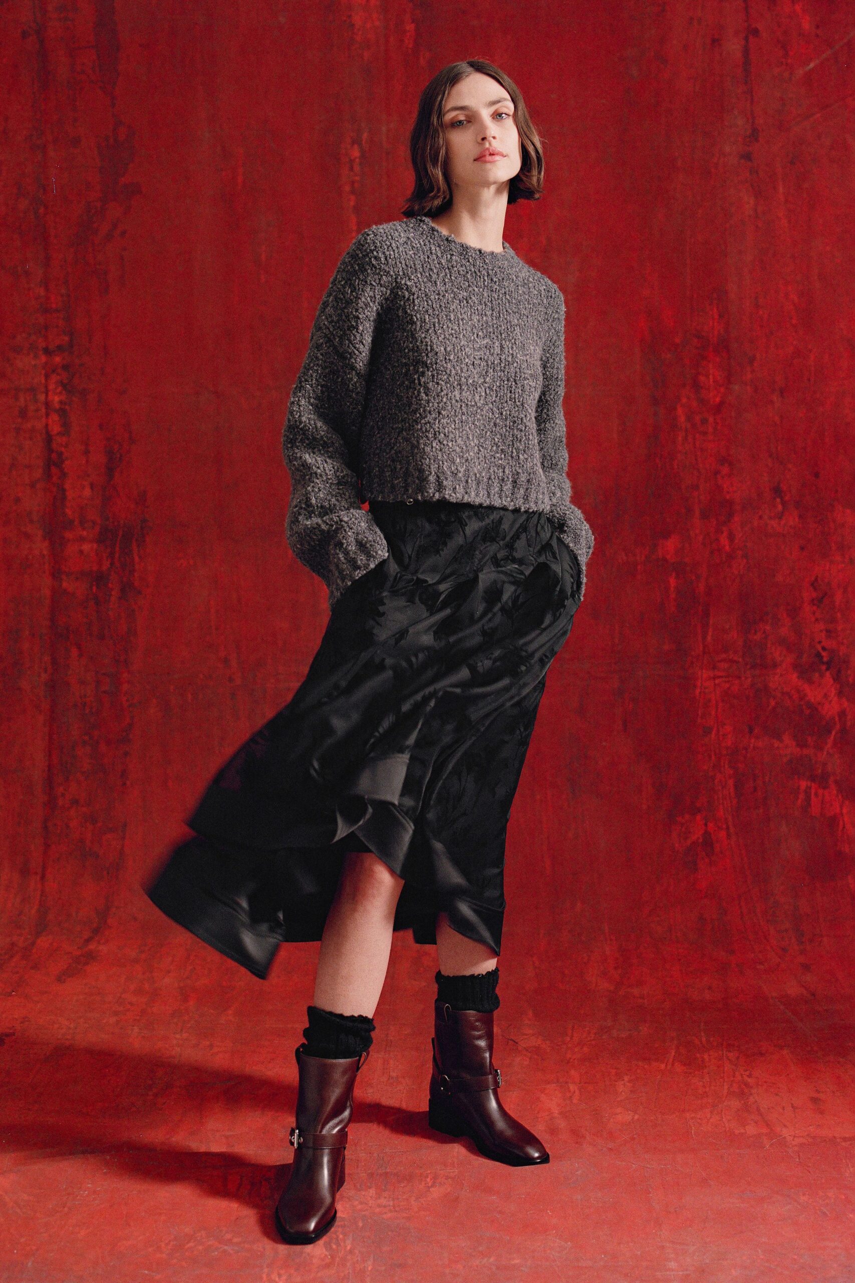 gray wool long-sleeve collared oversized textured cropped sweater
