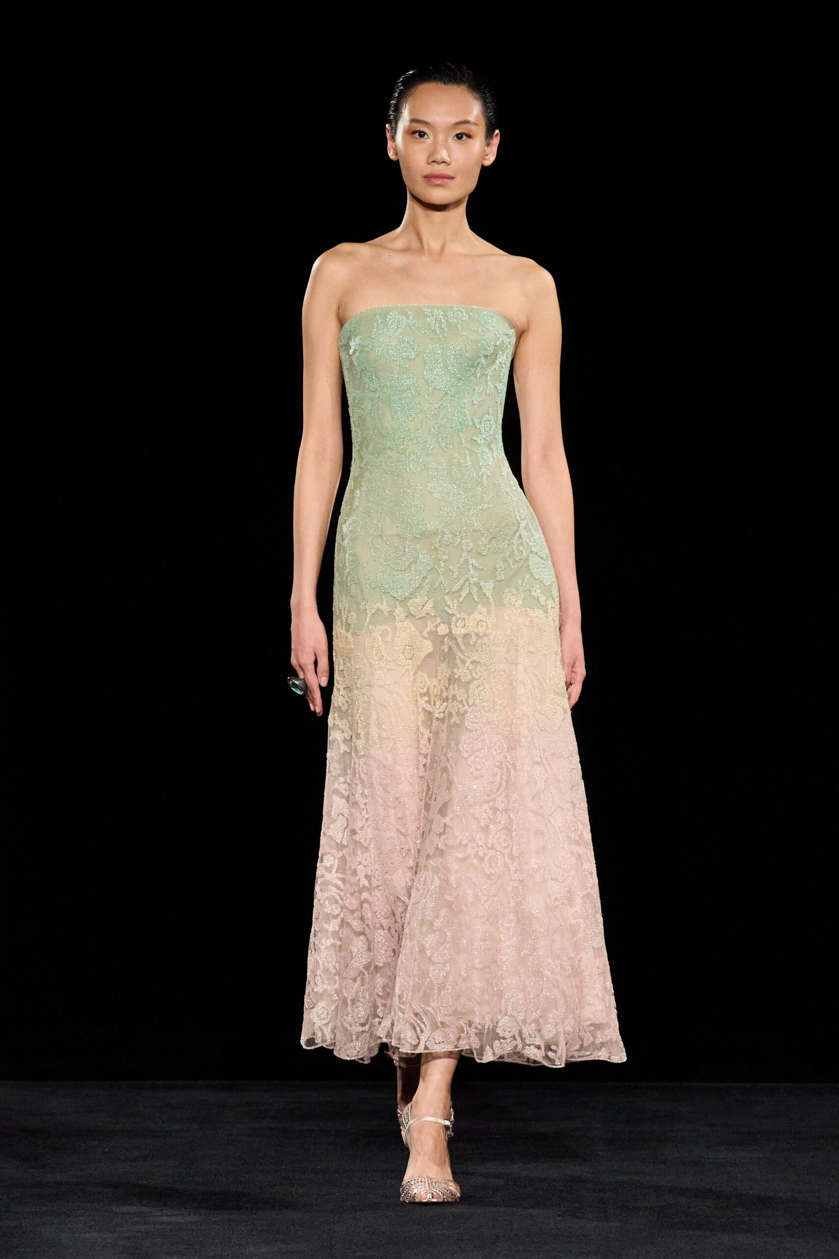green lace strapless fitted layered ombre sheer gown