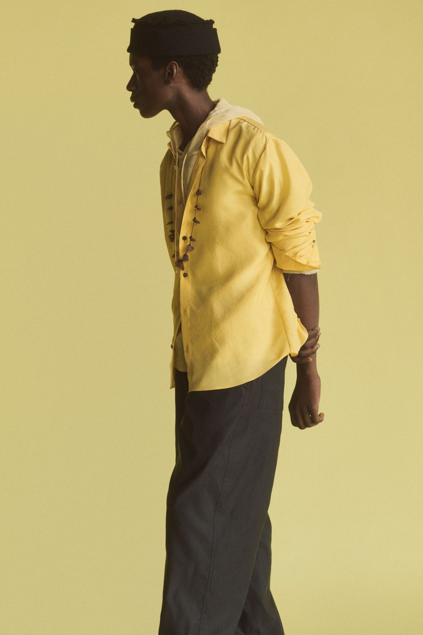 yellow cotton long-sleeve collared relaxed shirt
