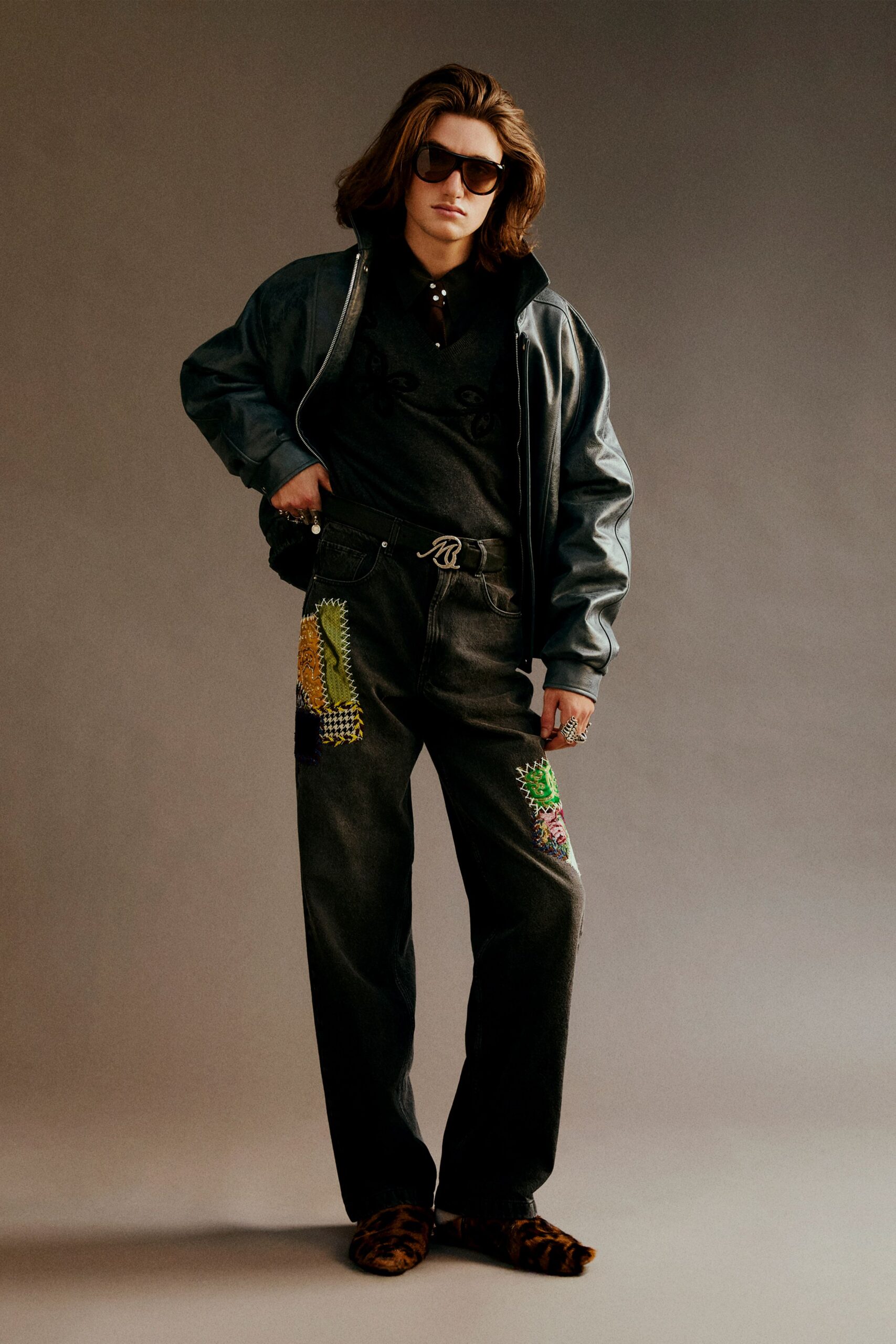 black denim relaxed embroidered pants