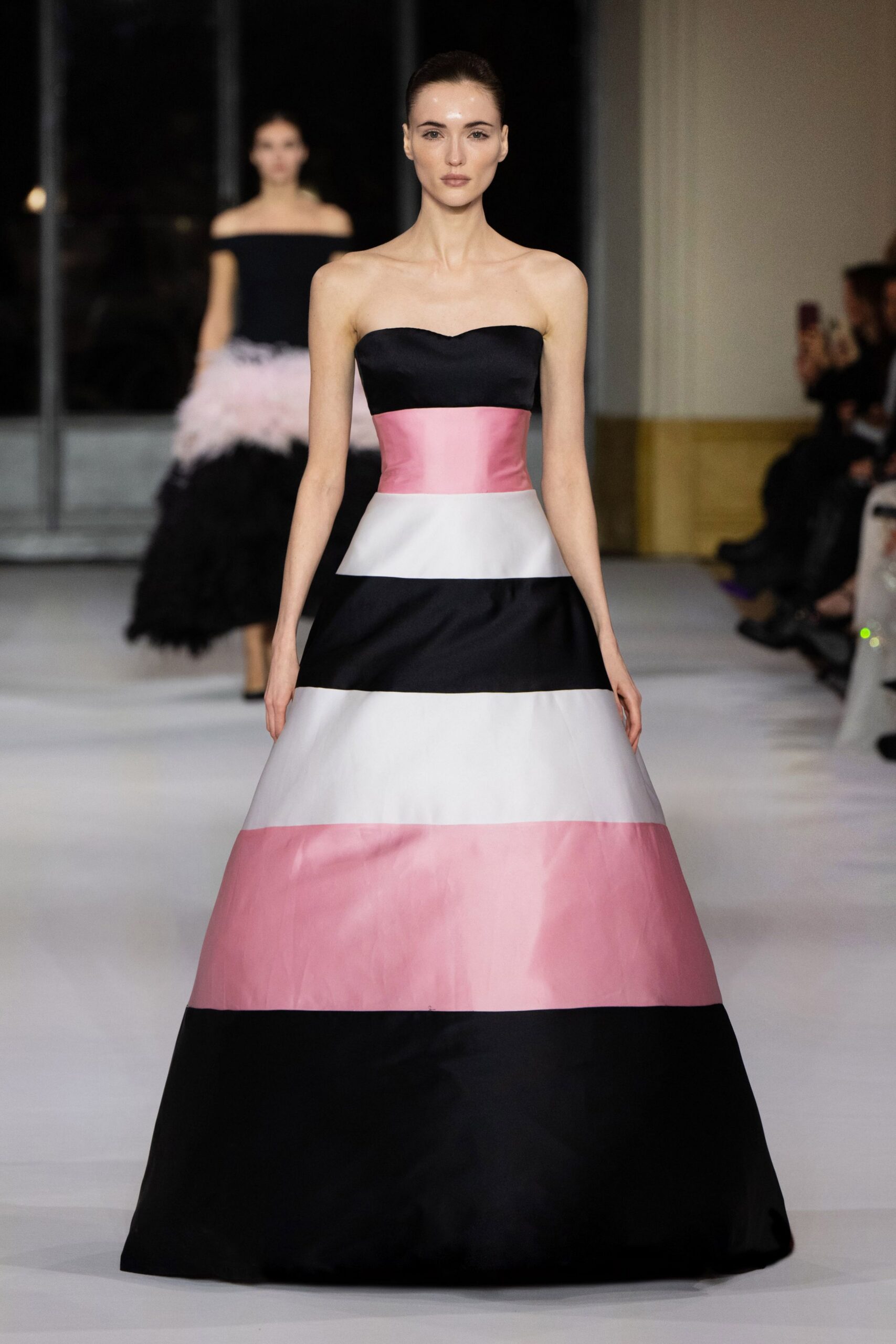 color-blocked strapless maxi gown