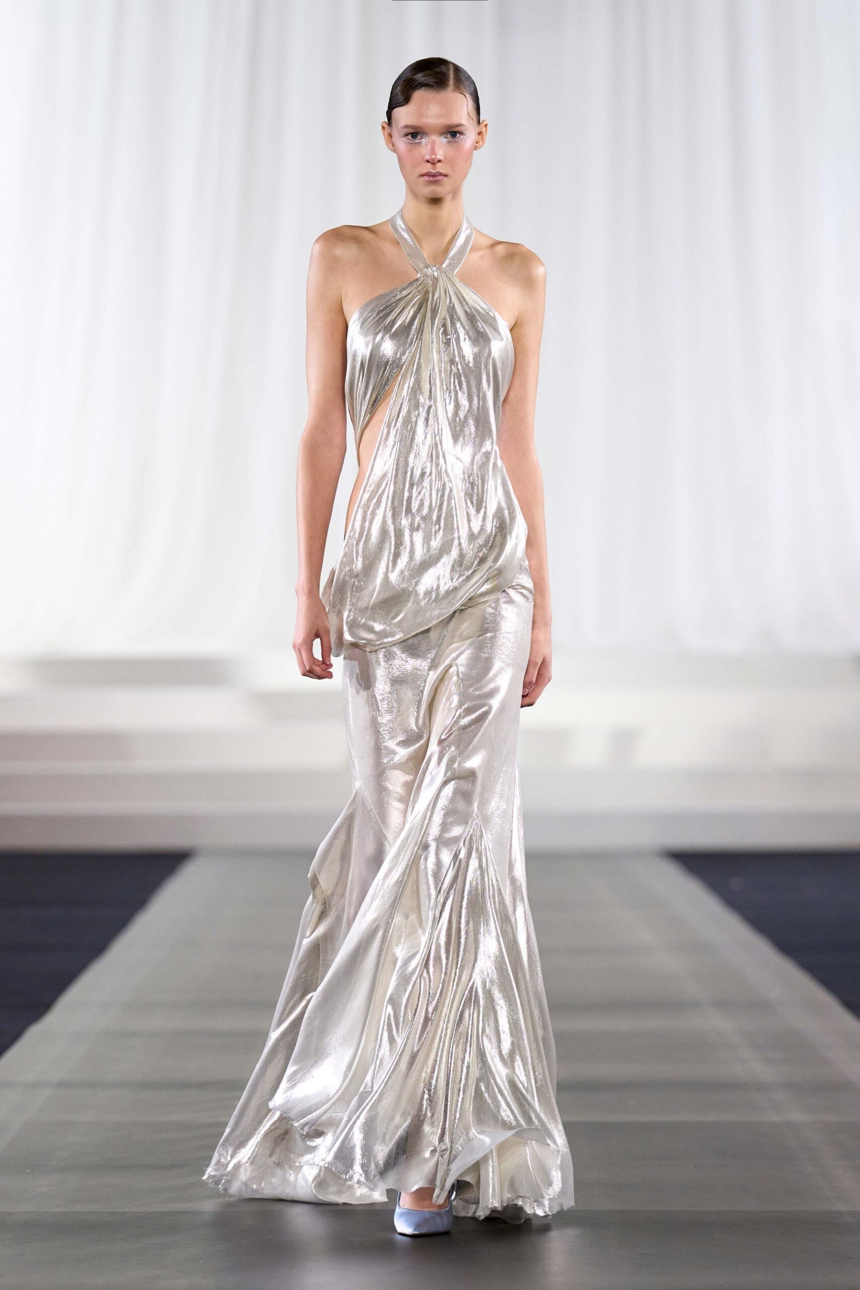 gray silk sleeveless halter fitted draped shiny gown
