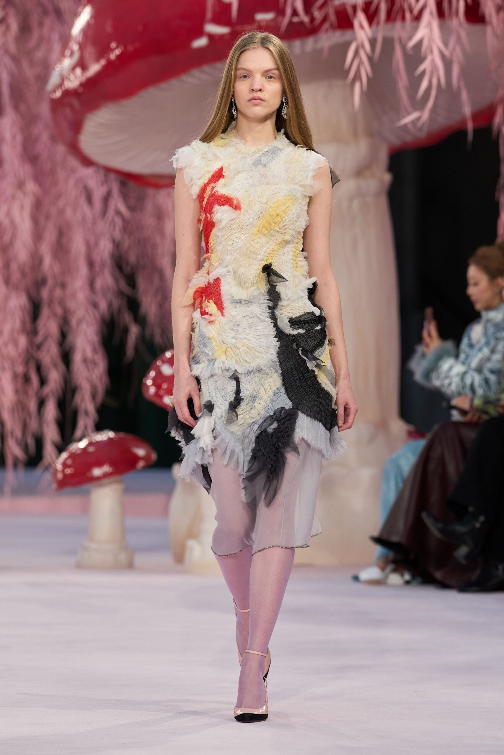 white silk sleeveless high-neck fitted ruffled layered dress