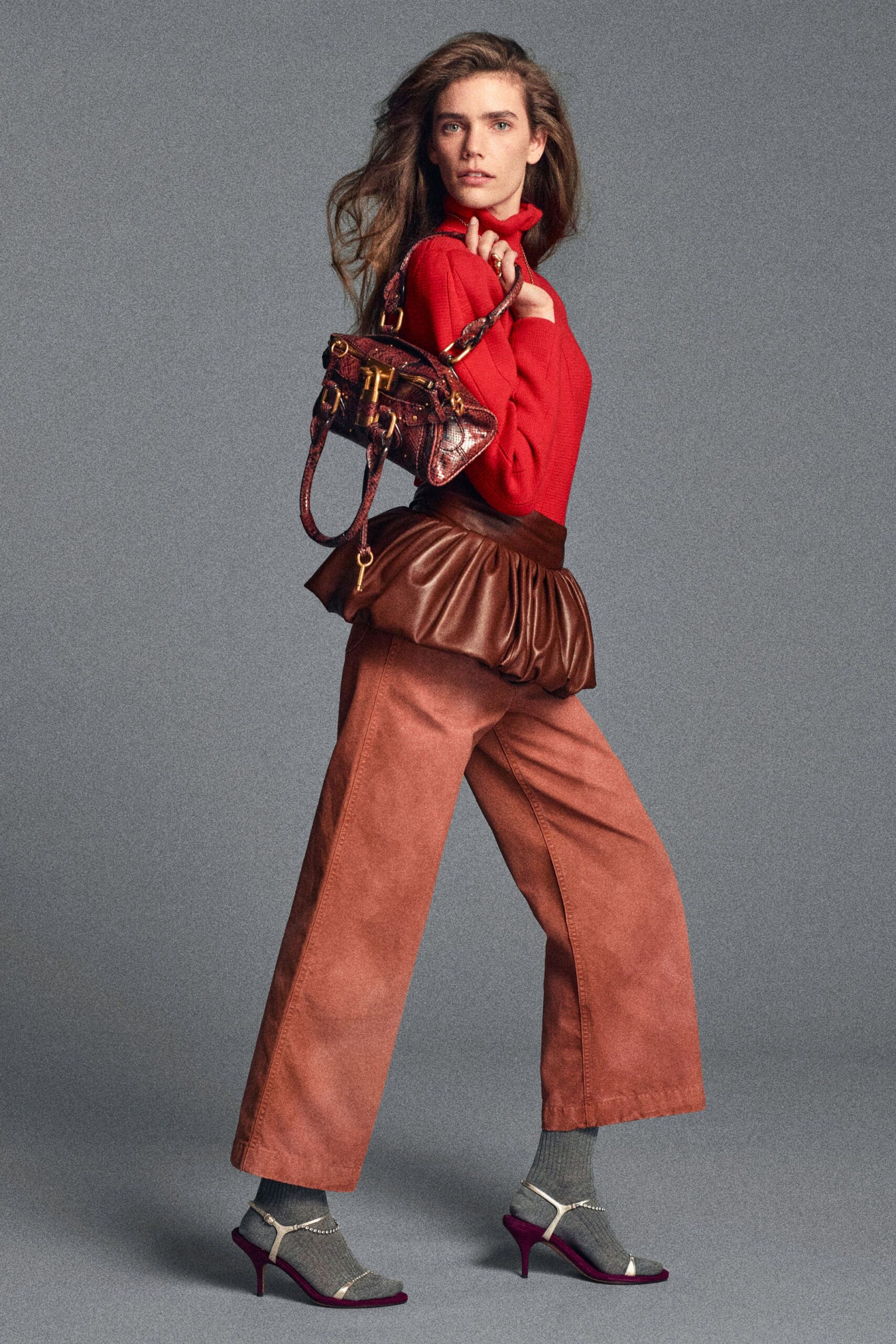 red wool long-sleeve high-neck fitted top