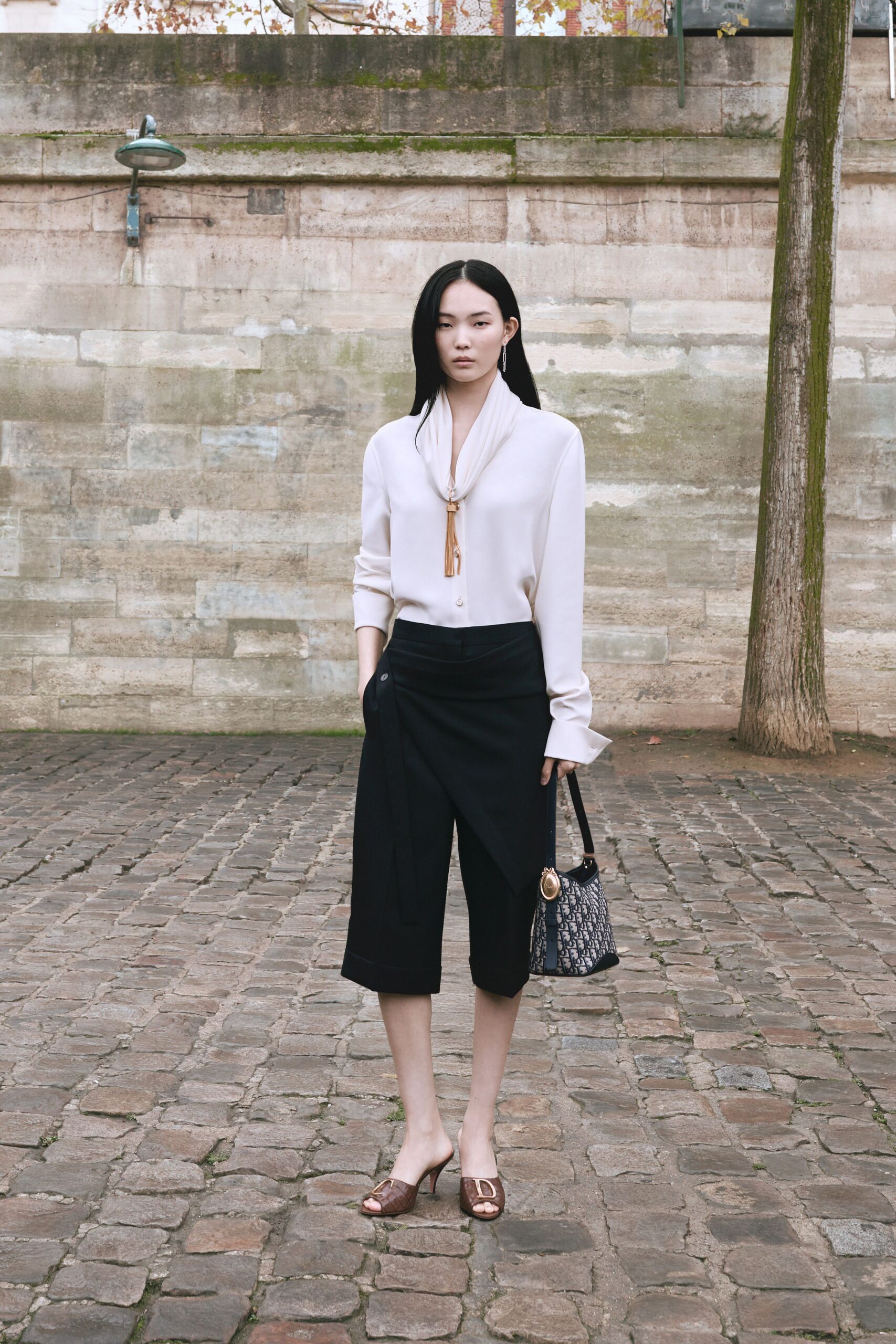 white silk blouse with black pants